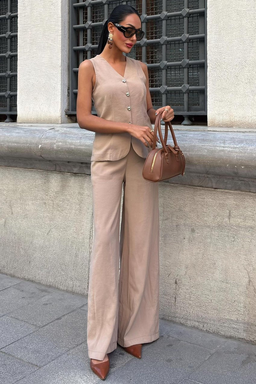 Lace-Up Vest Plazza Trouser Modal Set Beige