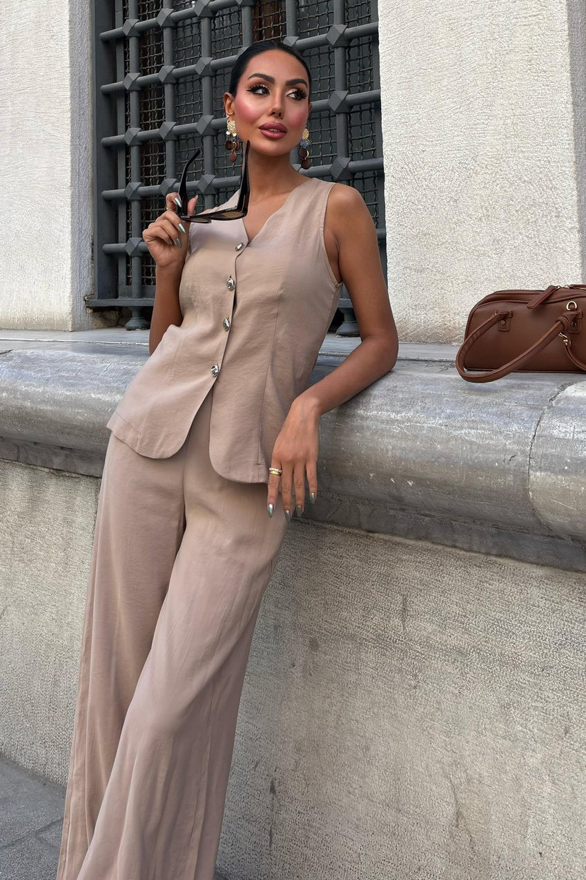Lace-Up Vest Plazza Trouser Modal Set Beige