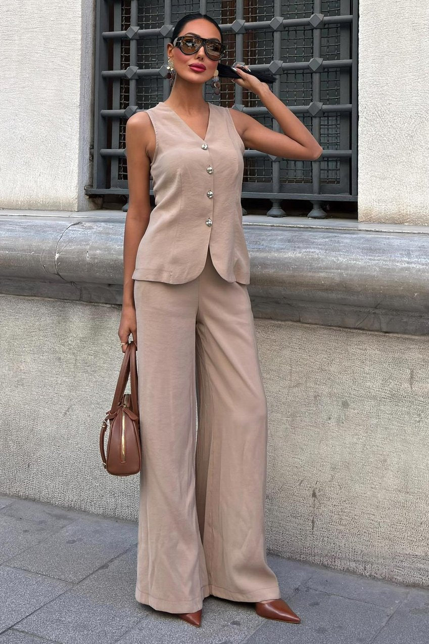 Lace-Up Vest Plazza Trouser Modal Set Beige