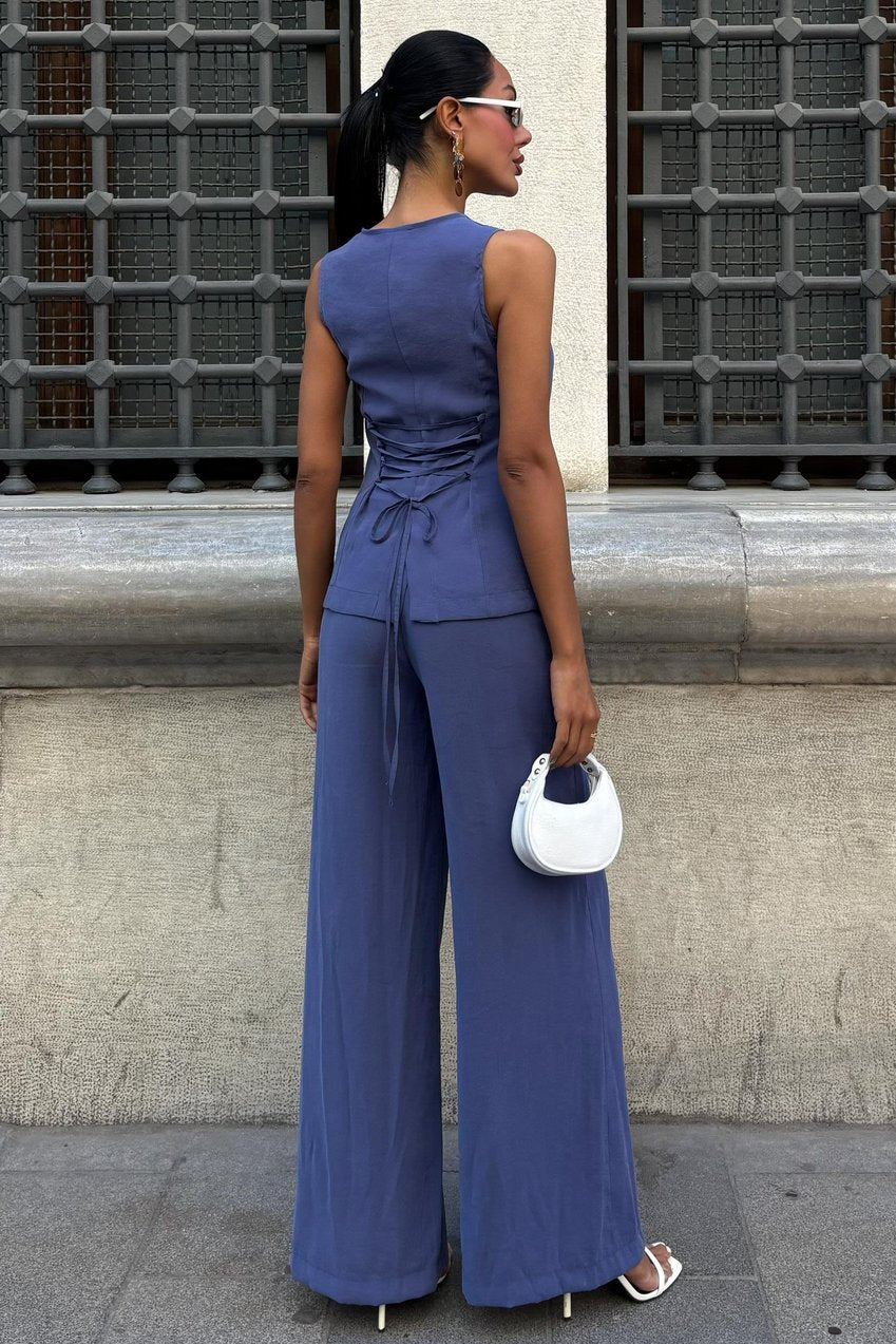 Lace-Up Vest Plazza Trouser Modal Set Blue