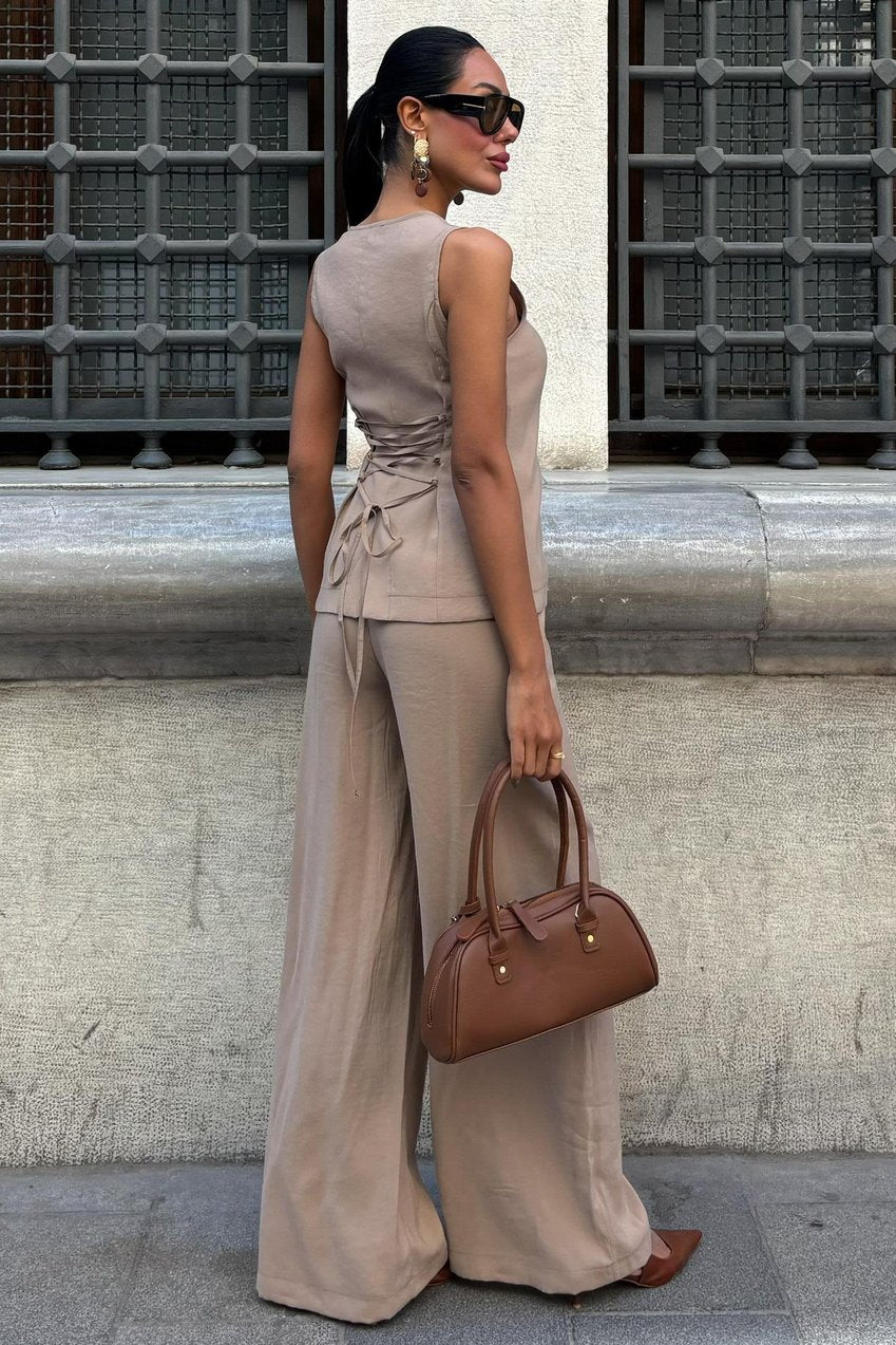 Lace-Up Vest Plazza Trouser Modal Set Beige