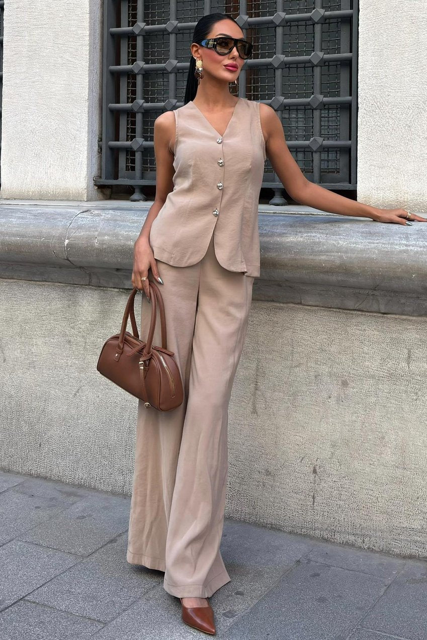 Lace-Up Vest Plazza Trouser Modal Set Beige