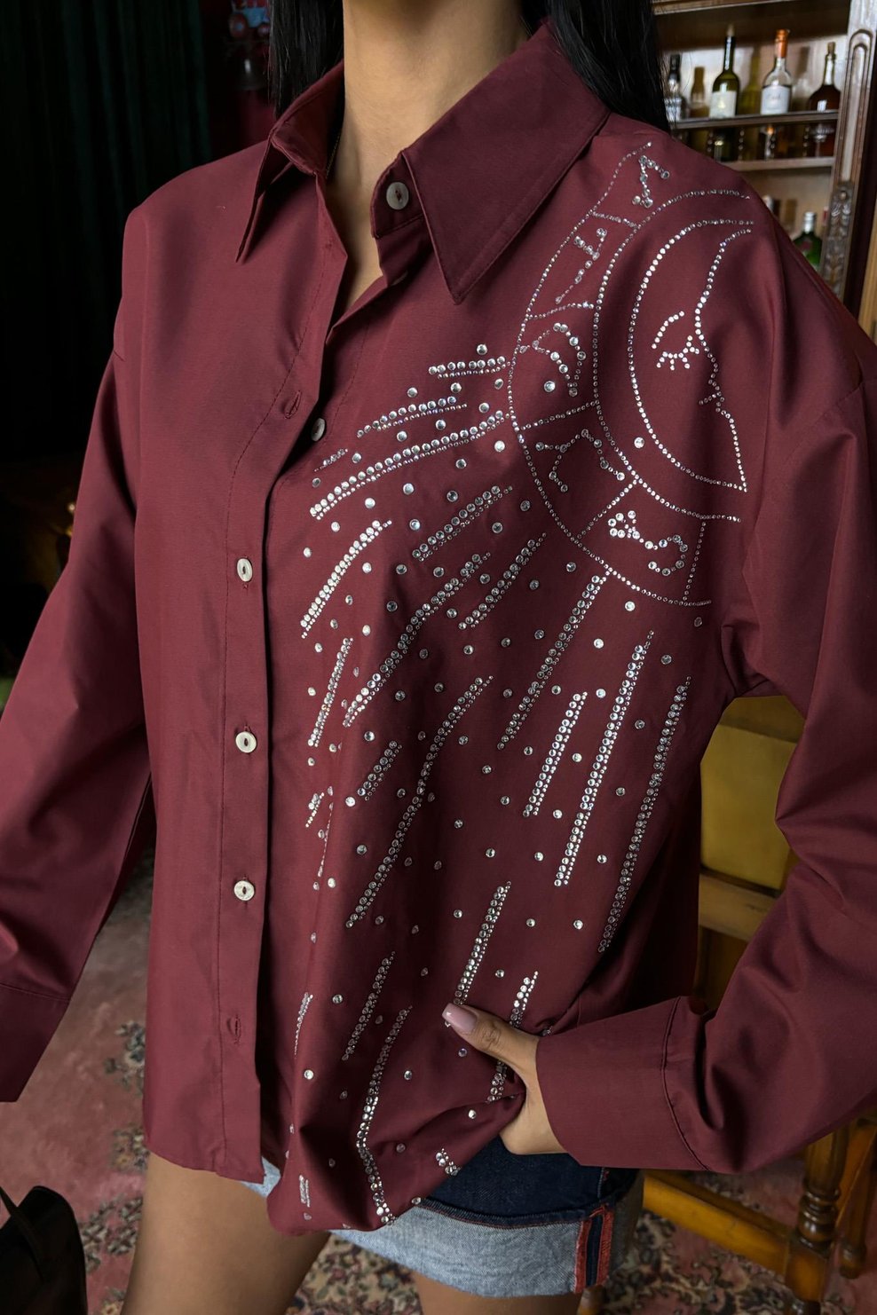 Moon Figured Stone Embroidered Poplin Shirt