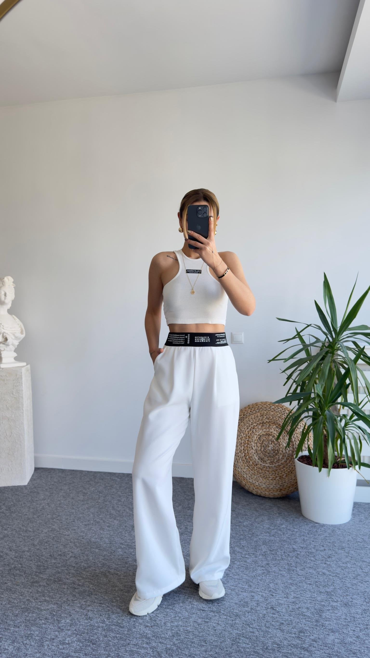 White Trousers with Pugna Waist Print