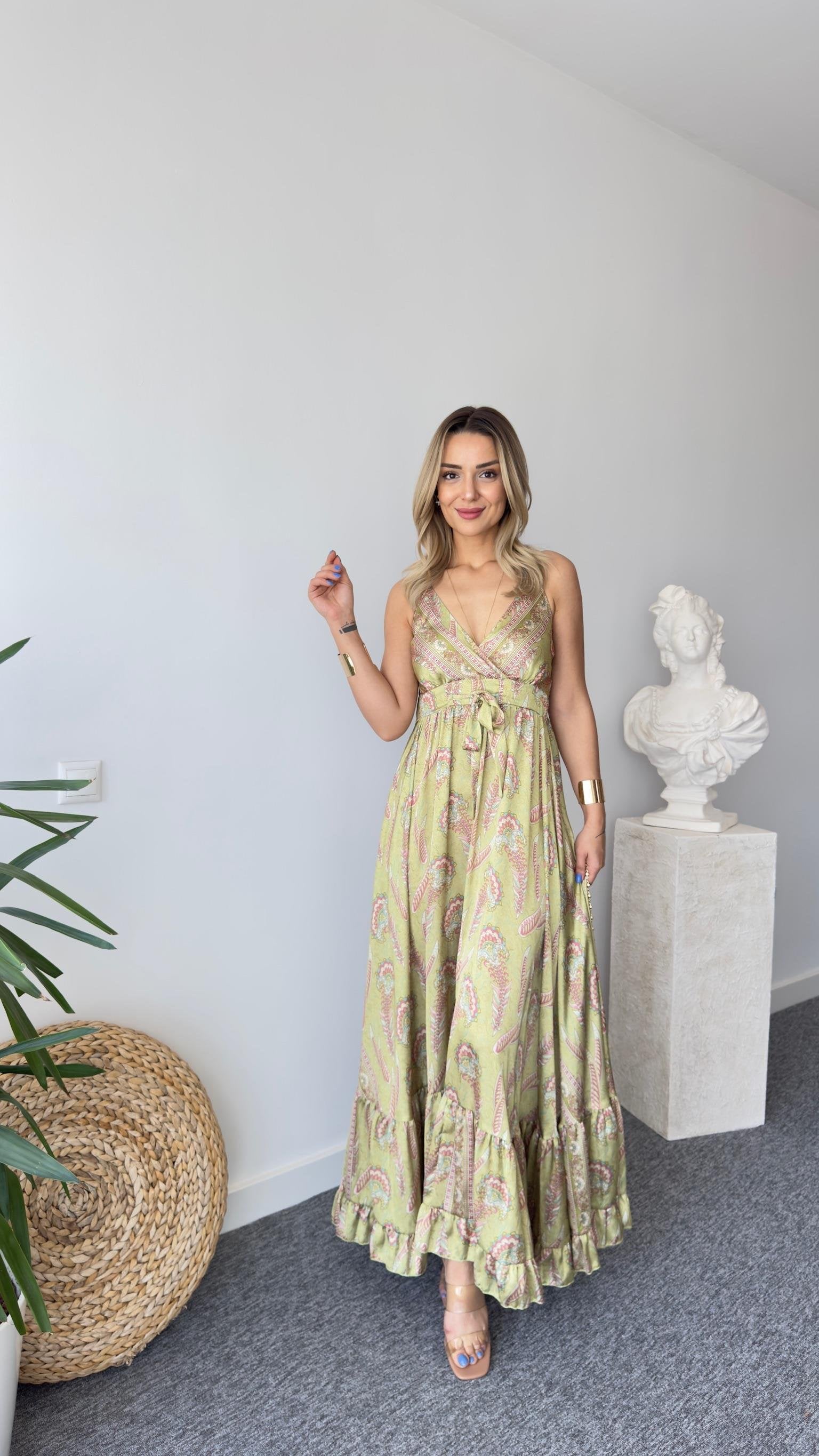 Green Ethnic Pattern Satin Premium Dress
