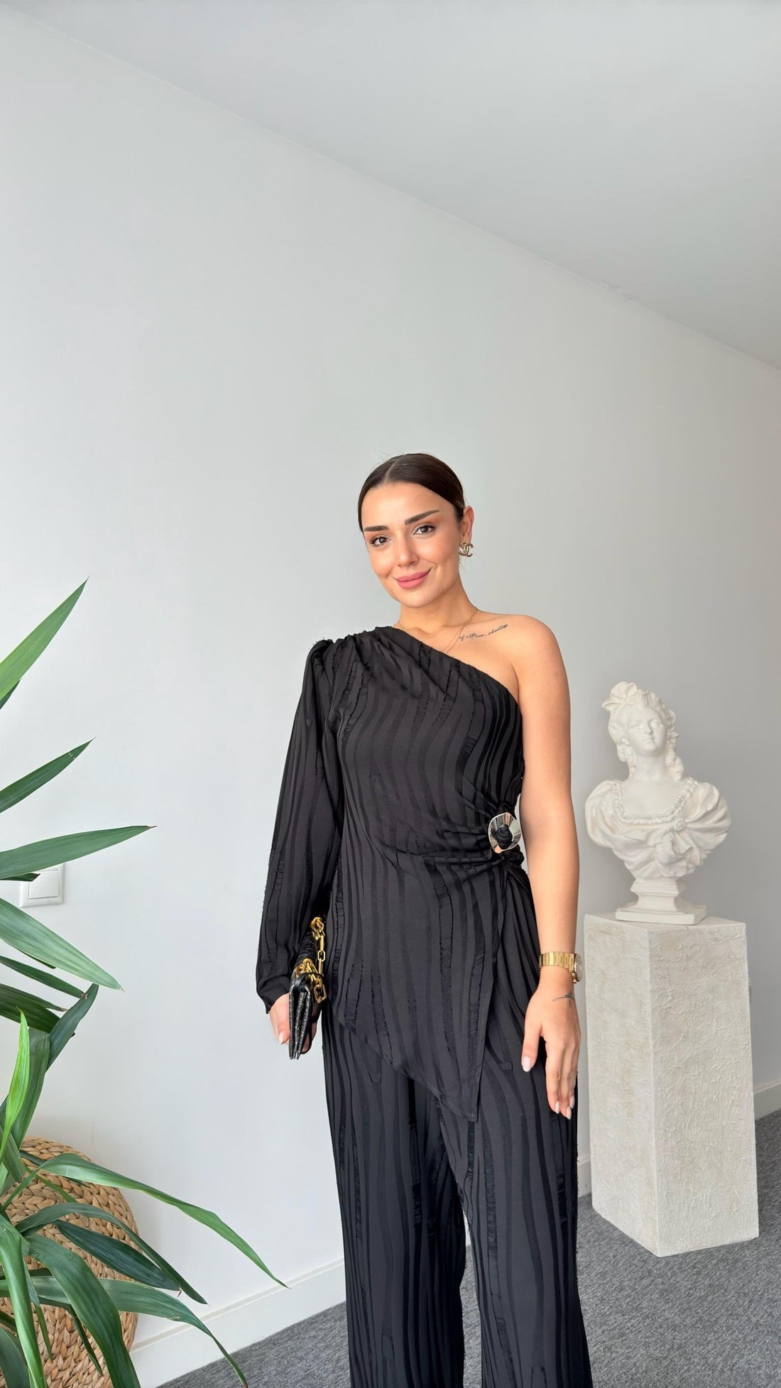 Black Usez One Shoulder Blouse Trouser Set