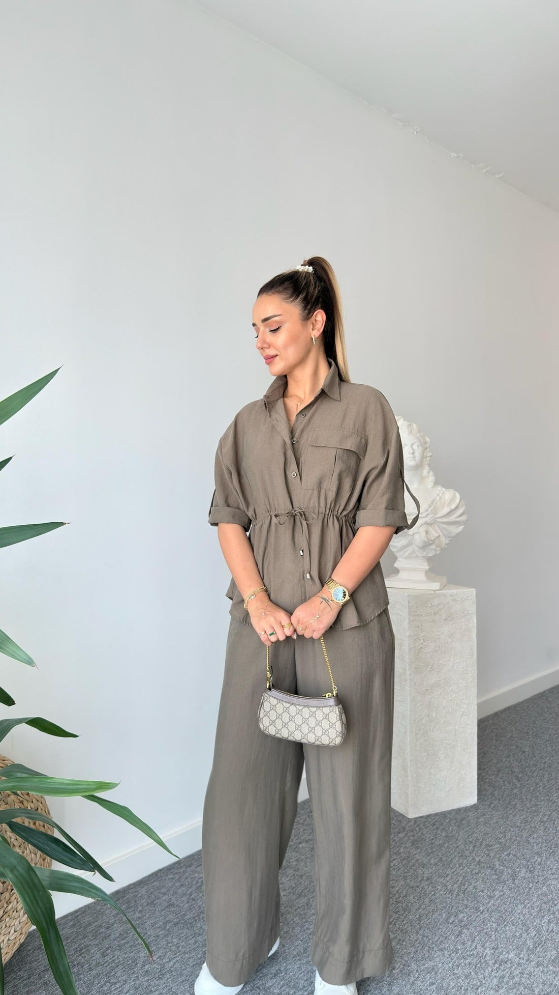 Khaki Neva Waist Pleated Tencel Suit