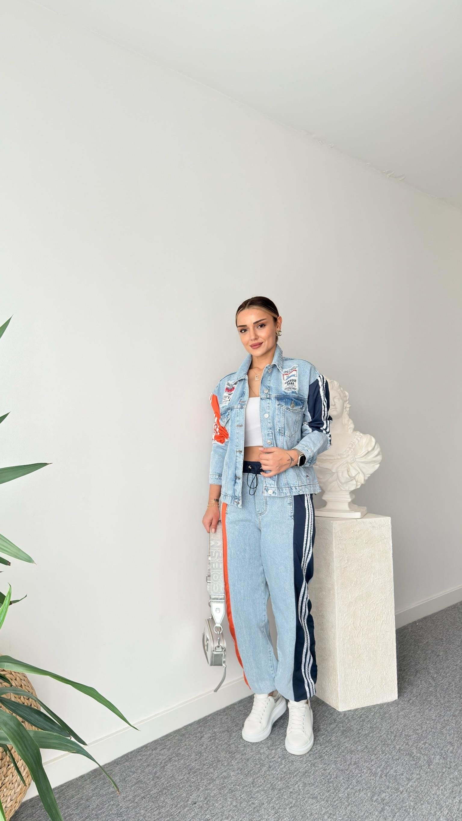Breet Orange Color Transitional Design Jean Suit