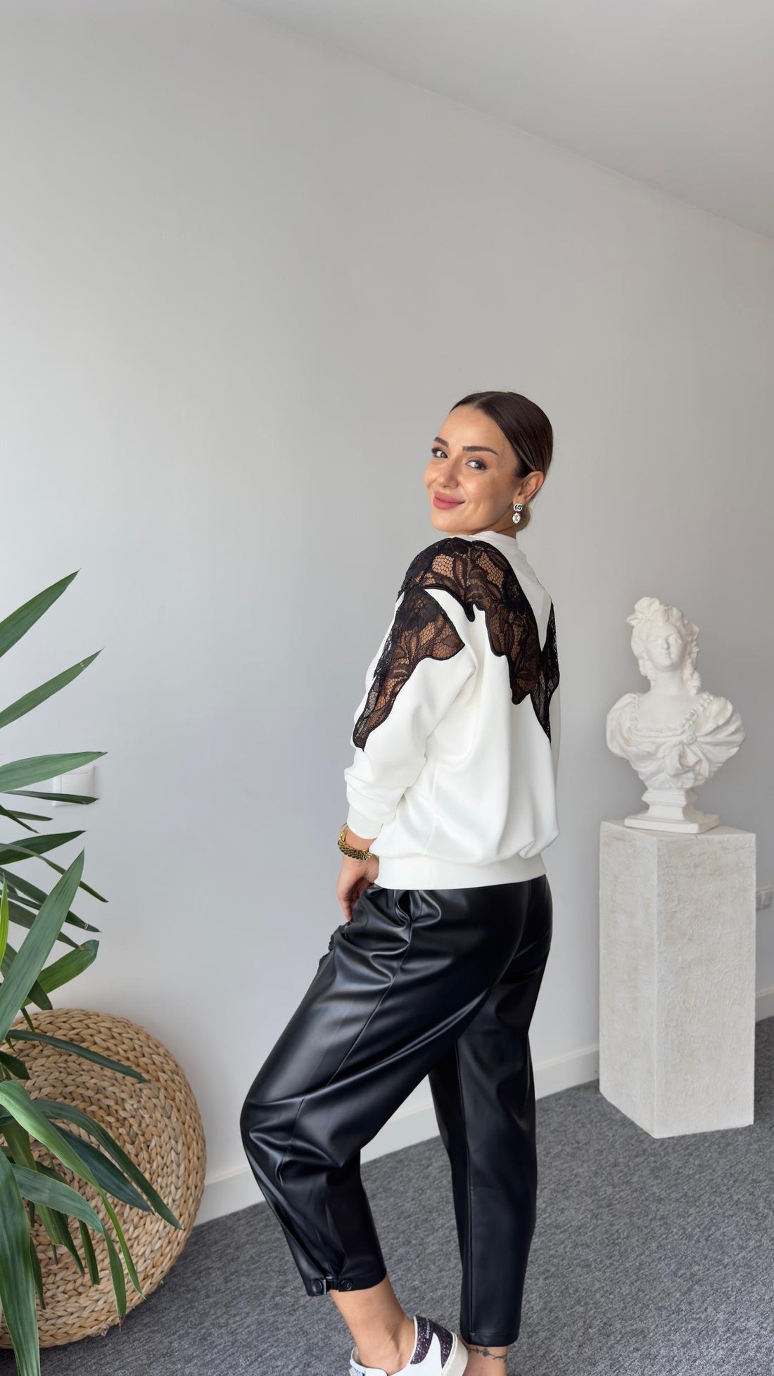 Laser Guipure Embroidered White Modal Sweater