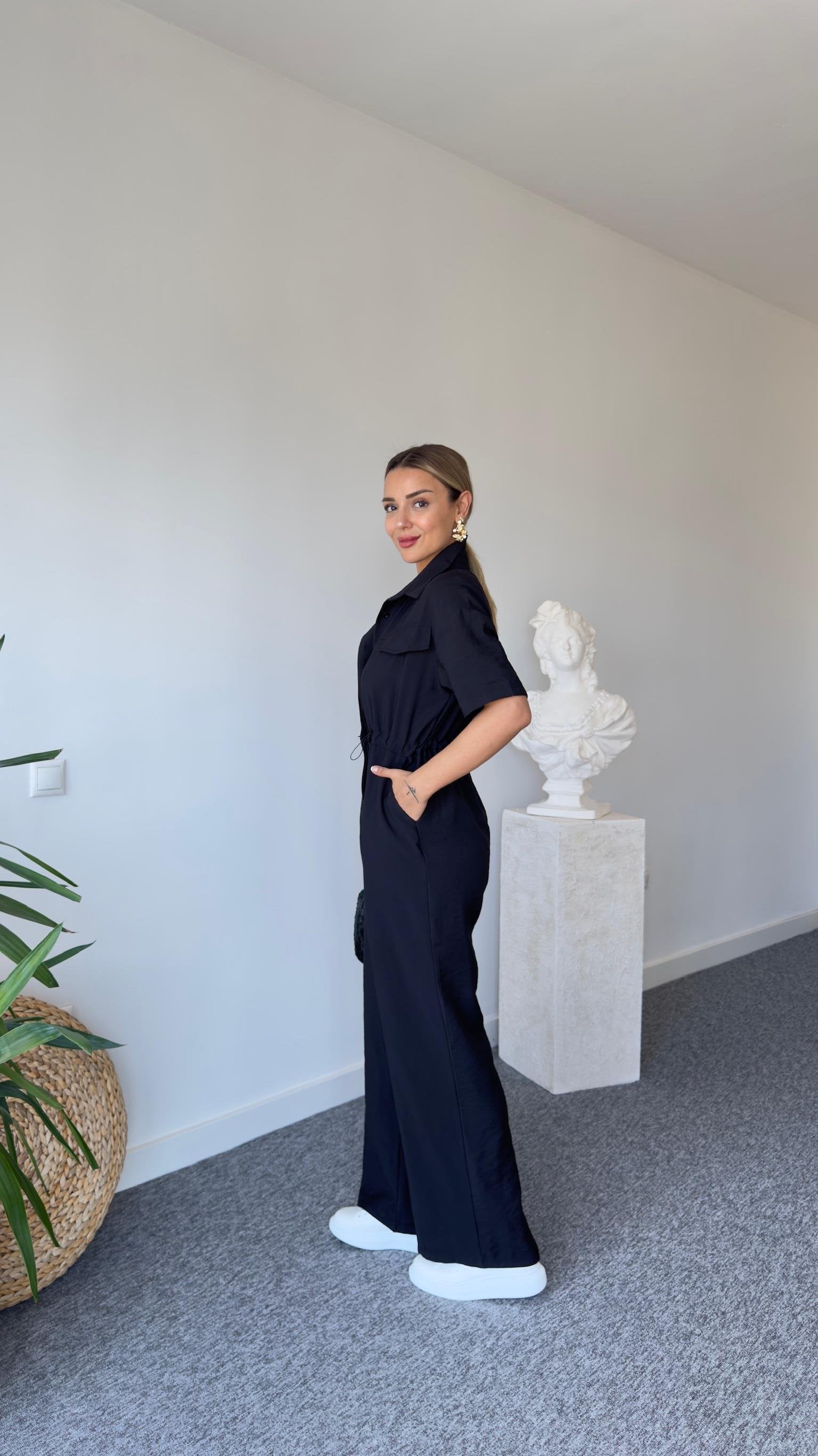 Esto Brand Model Waist Gathered Black Jumpsuit