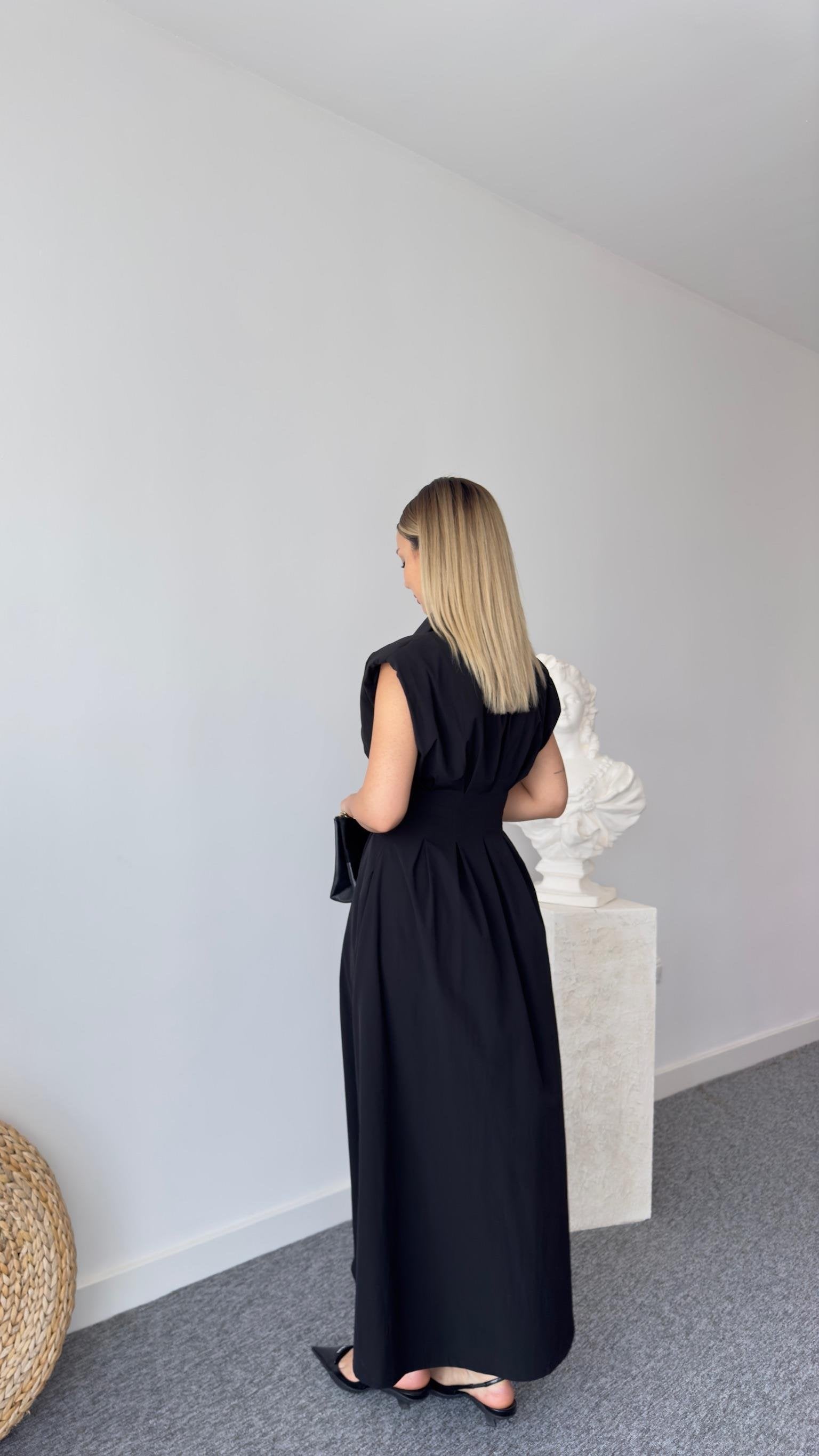 Jene Button-Down Pleated Black Dress