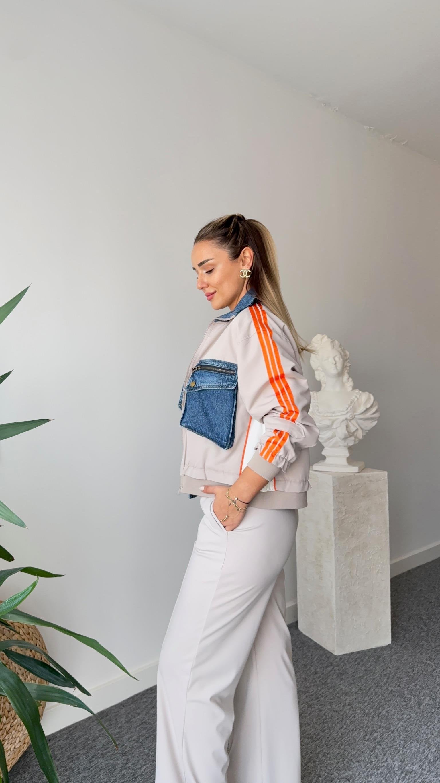 Beige Patrick Denim Garnished Striped Jacket