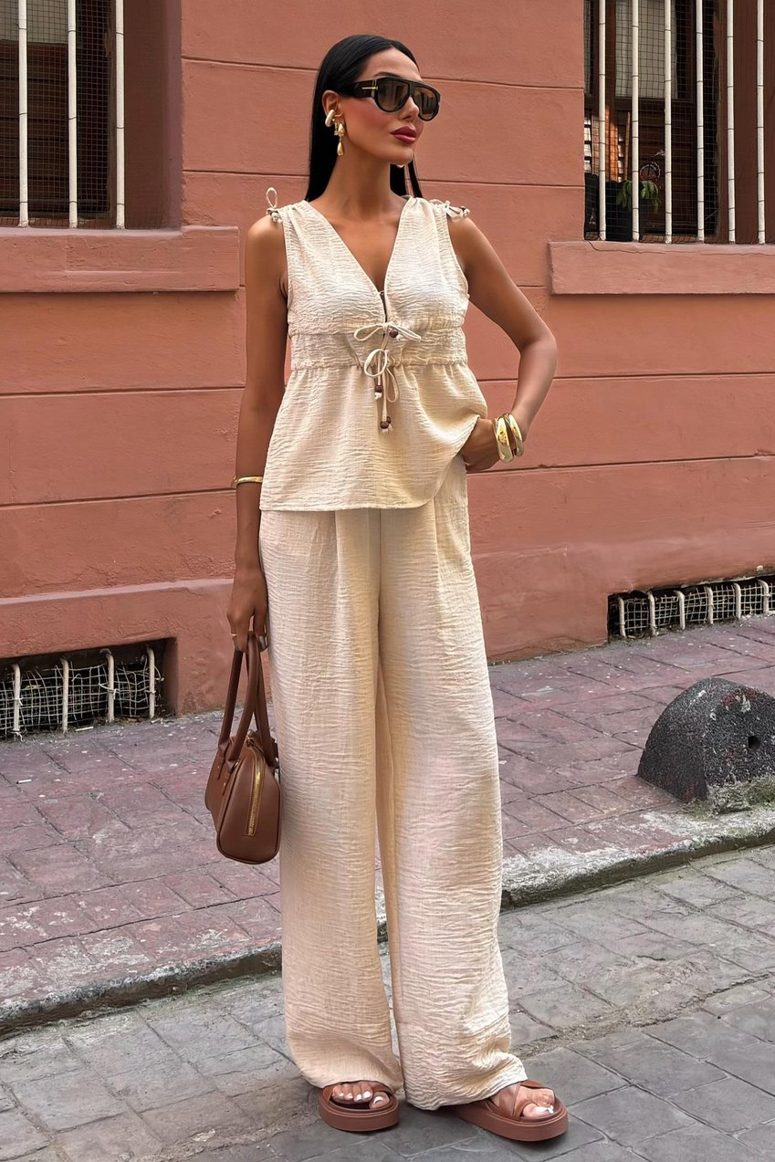 Bohemian Linen Suit with Tie Detail Beige