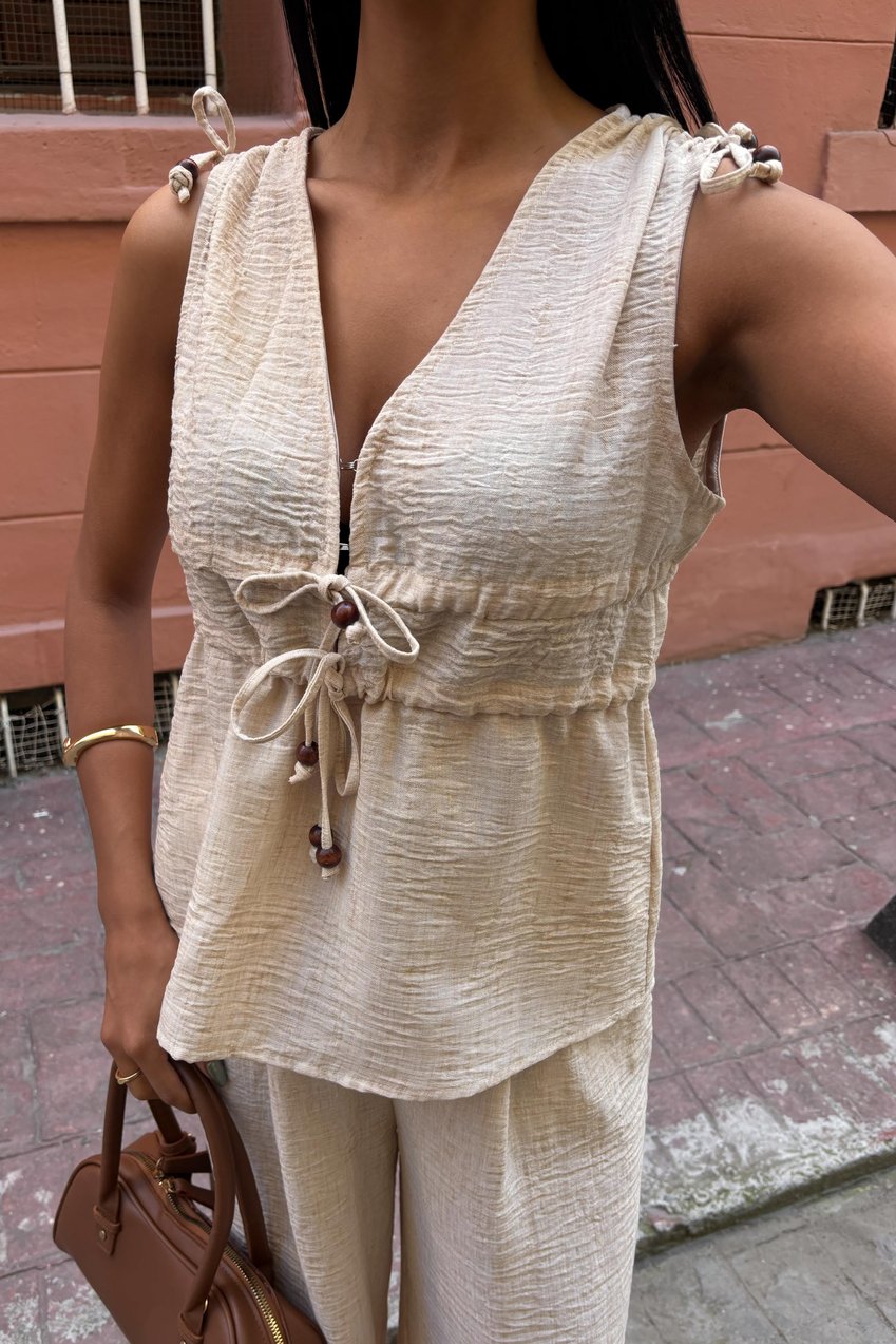 Bohemian Linen Suit with Tie Detail Beige