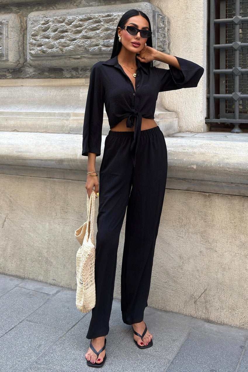 Ayrobin Suit with Tied Shirt and Slit Trousers Black