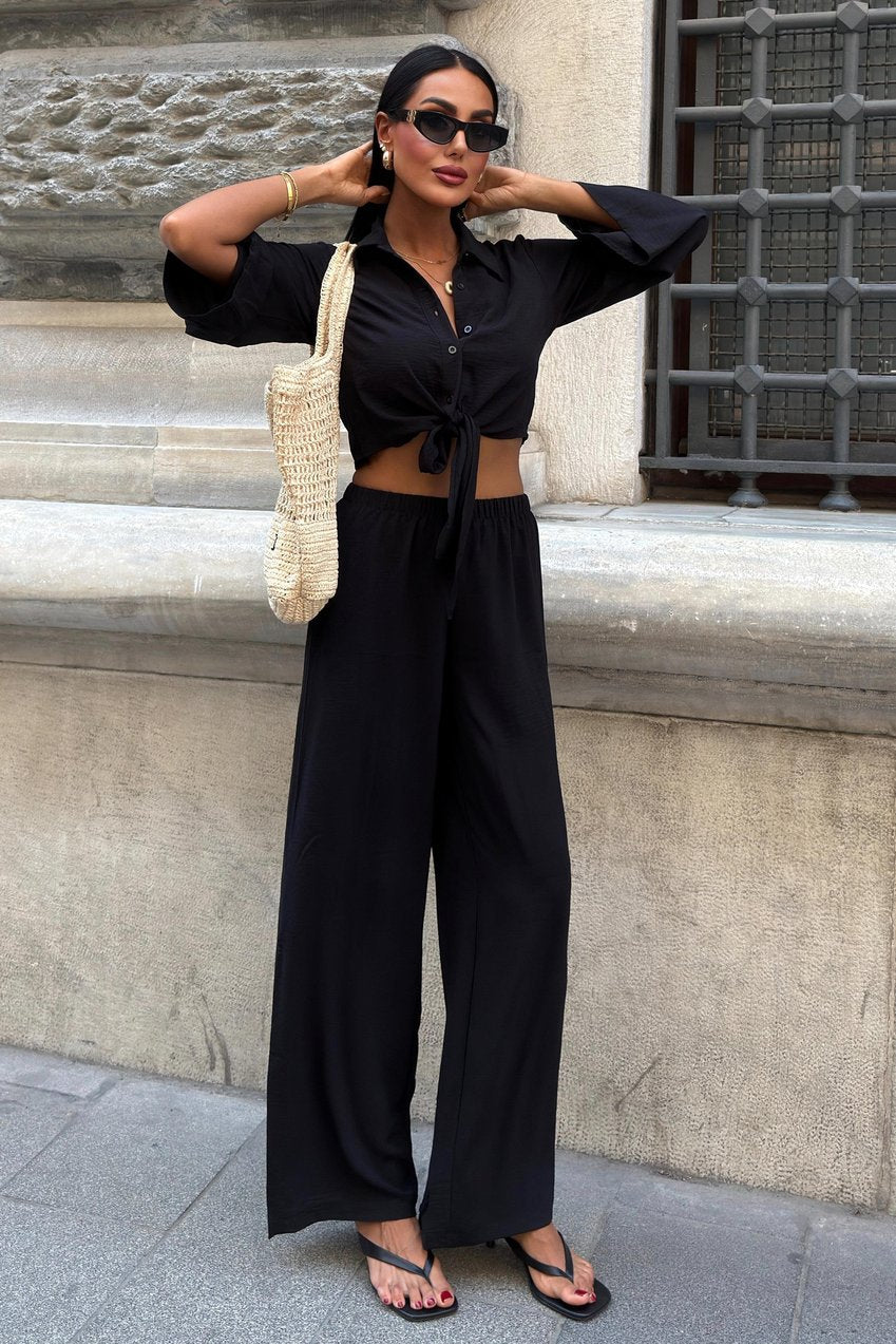 Ayrobin Suit with Tied Shirt and Slit Trousers Black