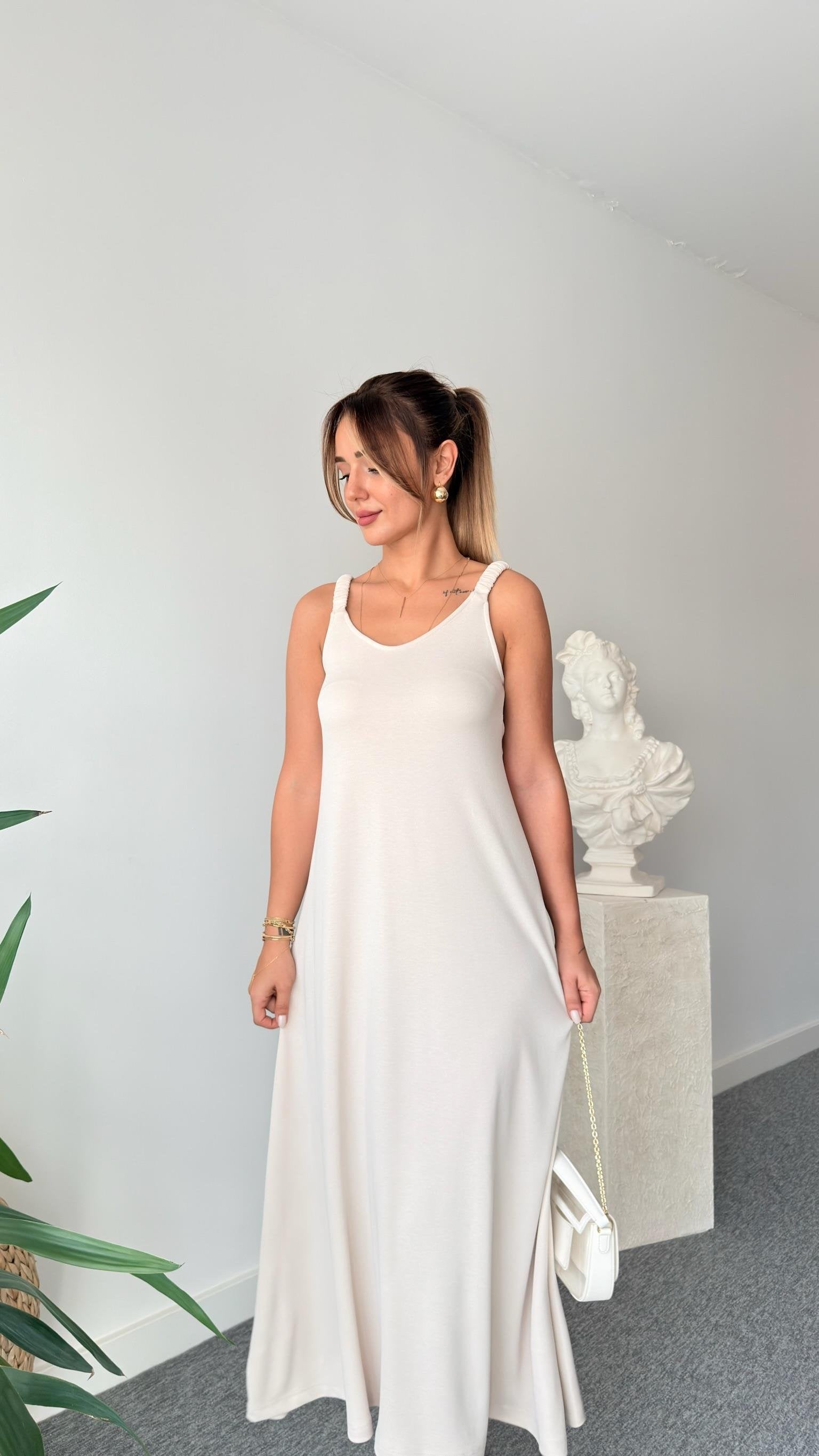 Beige Modal Dress with Elastic Straps white dress