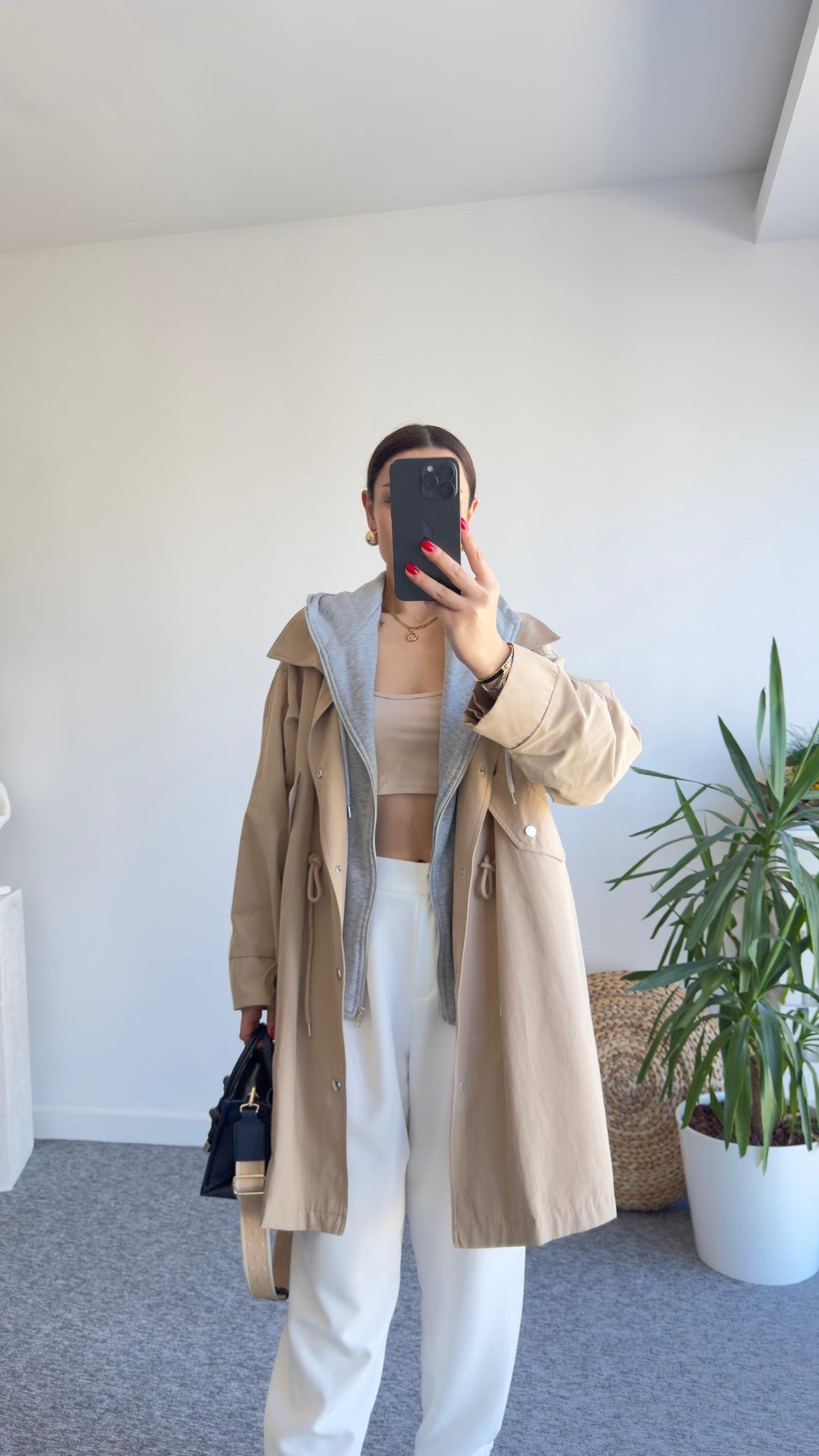 Beige Trench Coat with Gray Hood Detail