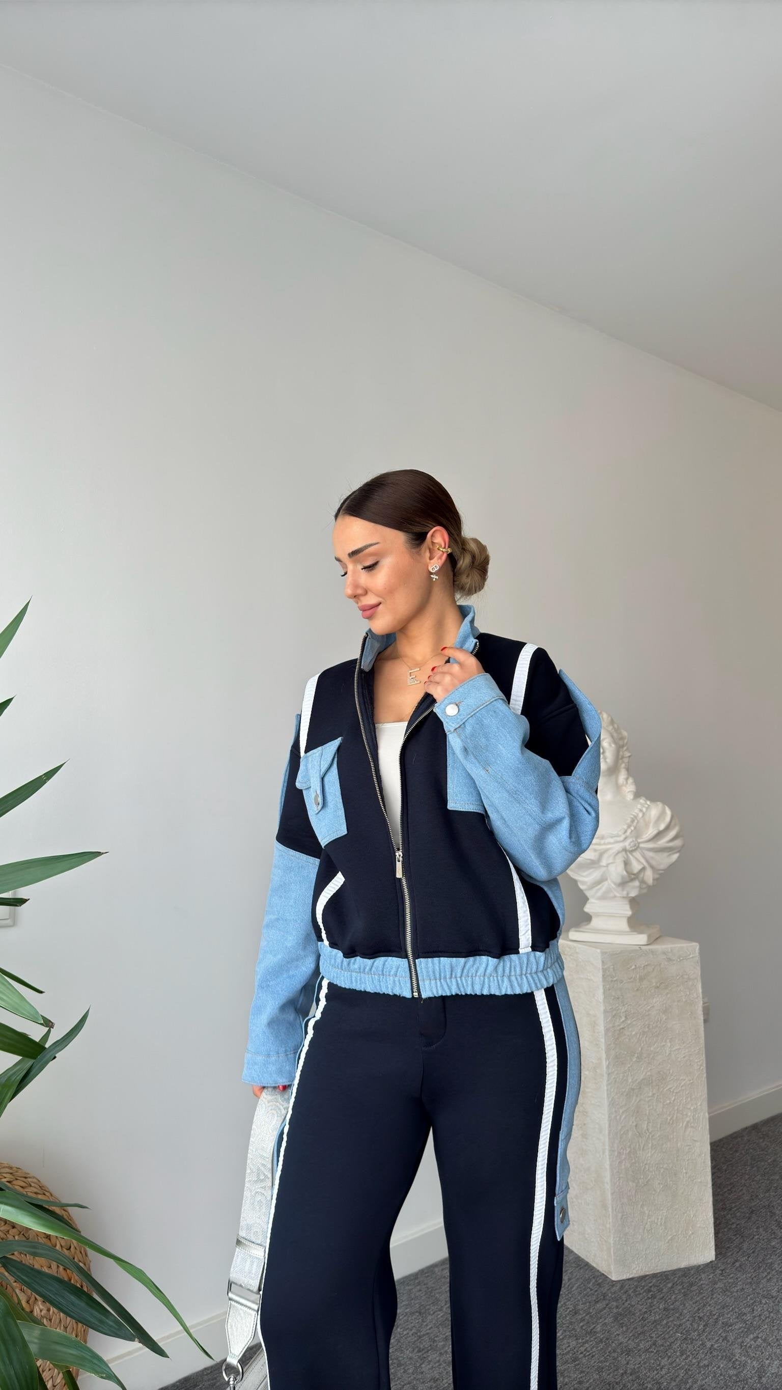 Navy Blue Tero Denim Garnished Tracksuit