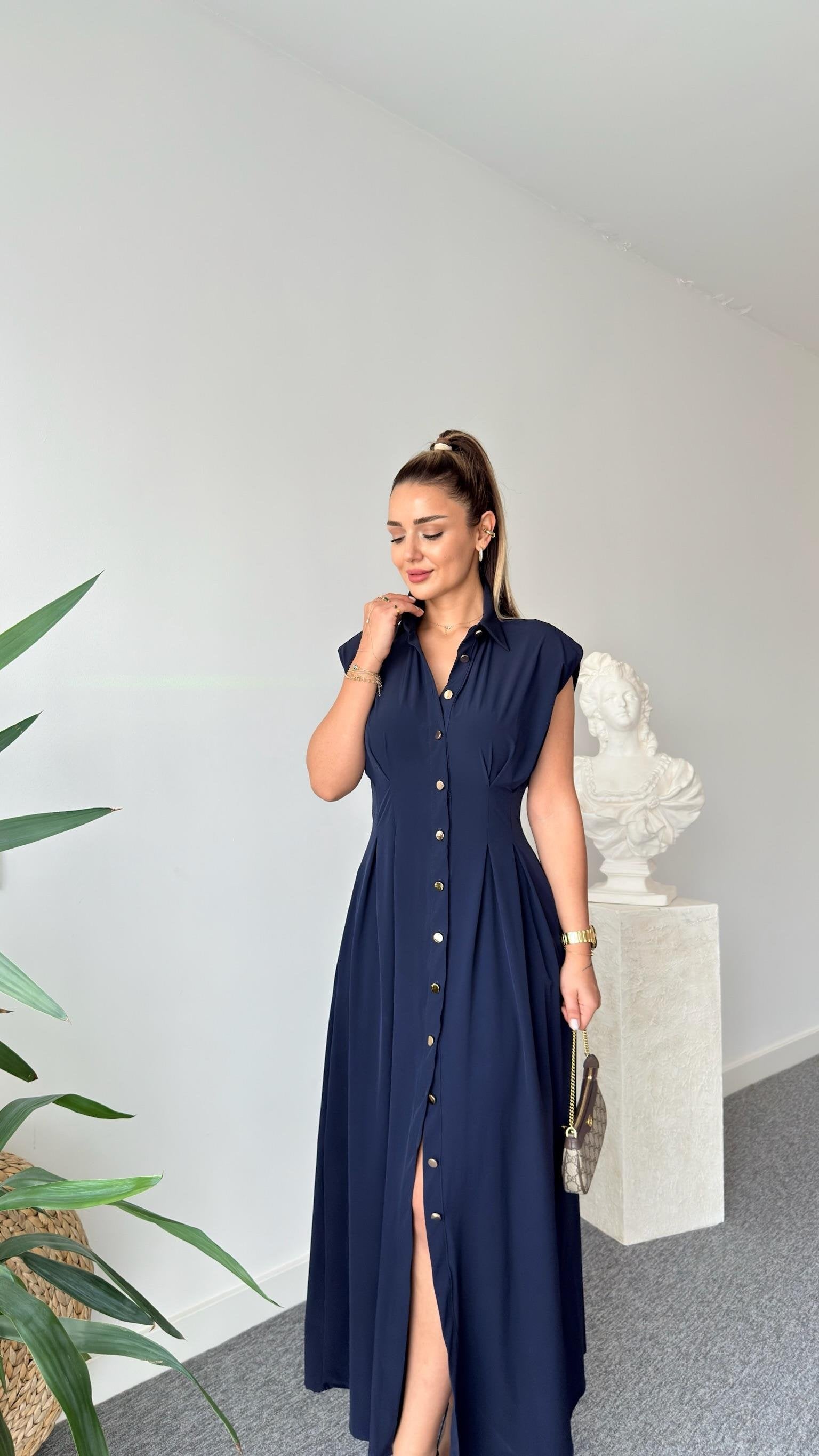 Navy Blue Jene Button-Down Pleated Dress