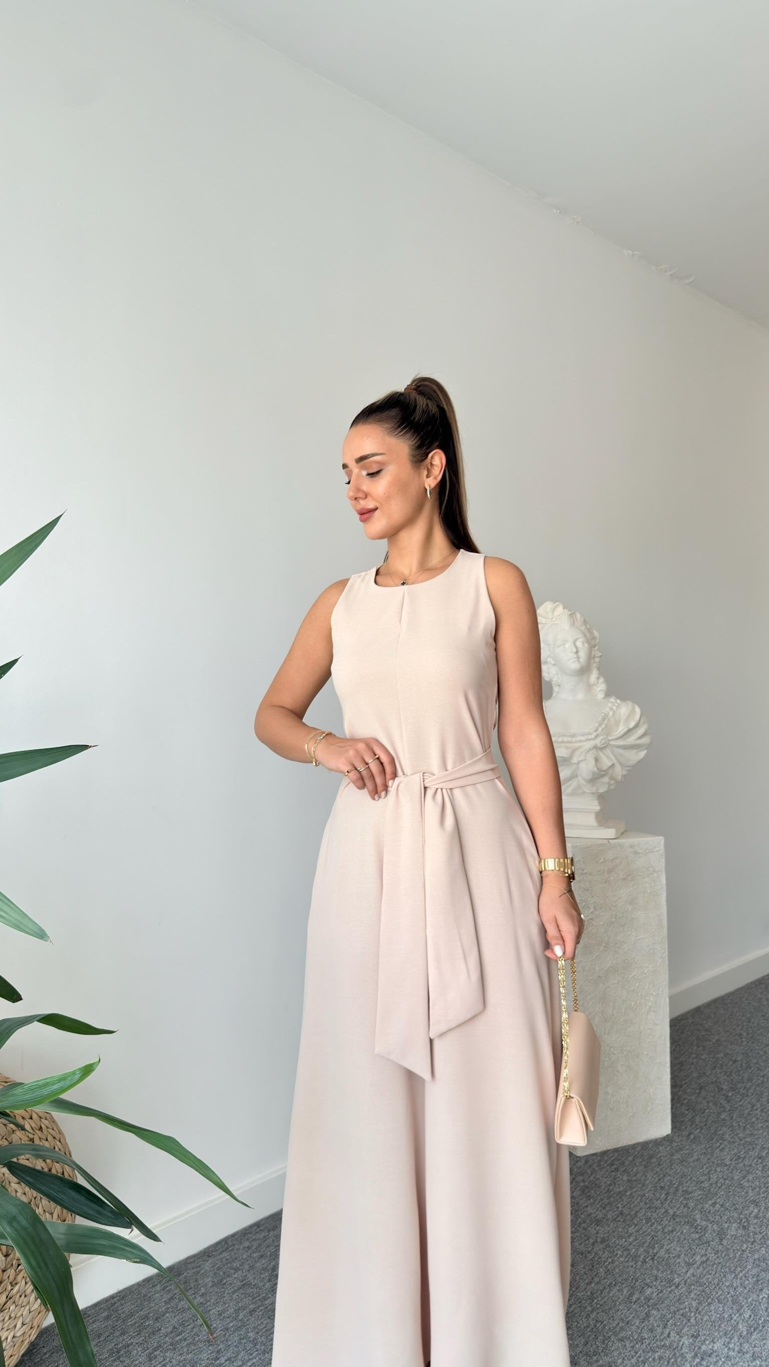 Carta Belted Beige Wide Leg Jumpsuit