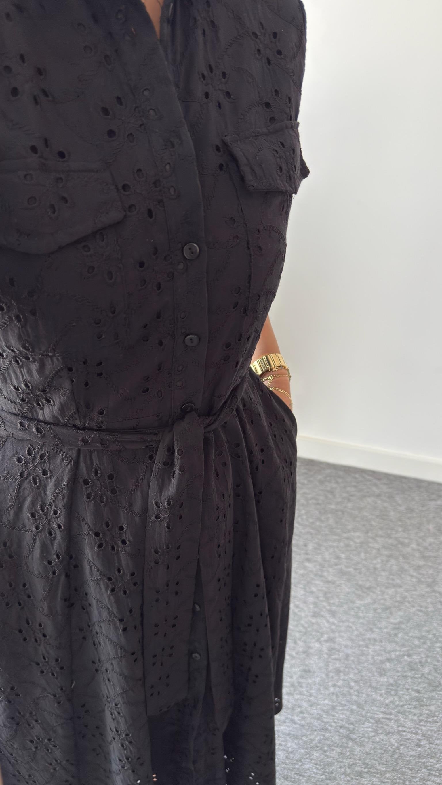 Black Ripper Belted Scalloped Dress