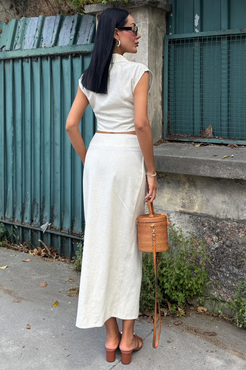 Linen Suit with Gathered Blouse and Buckled Skirt white