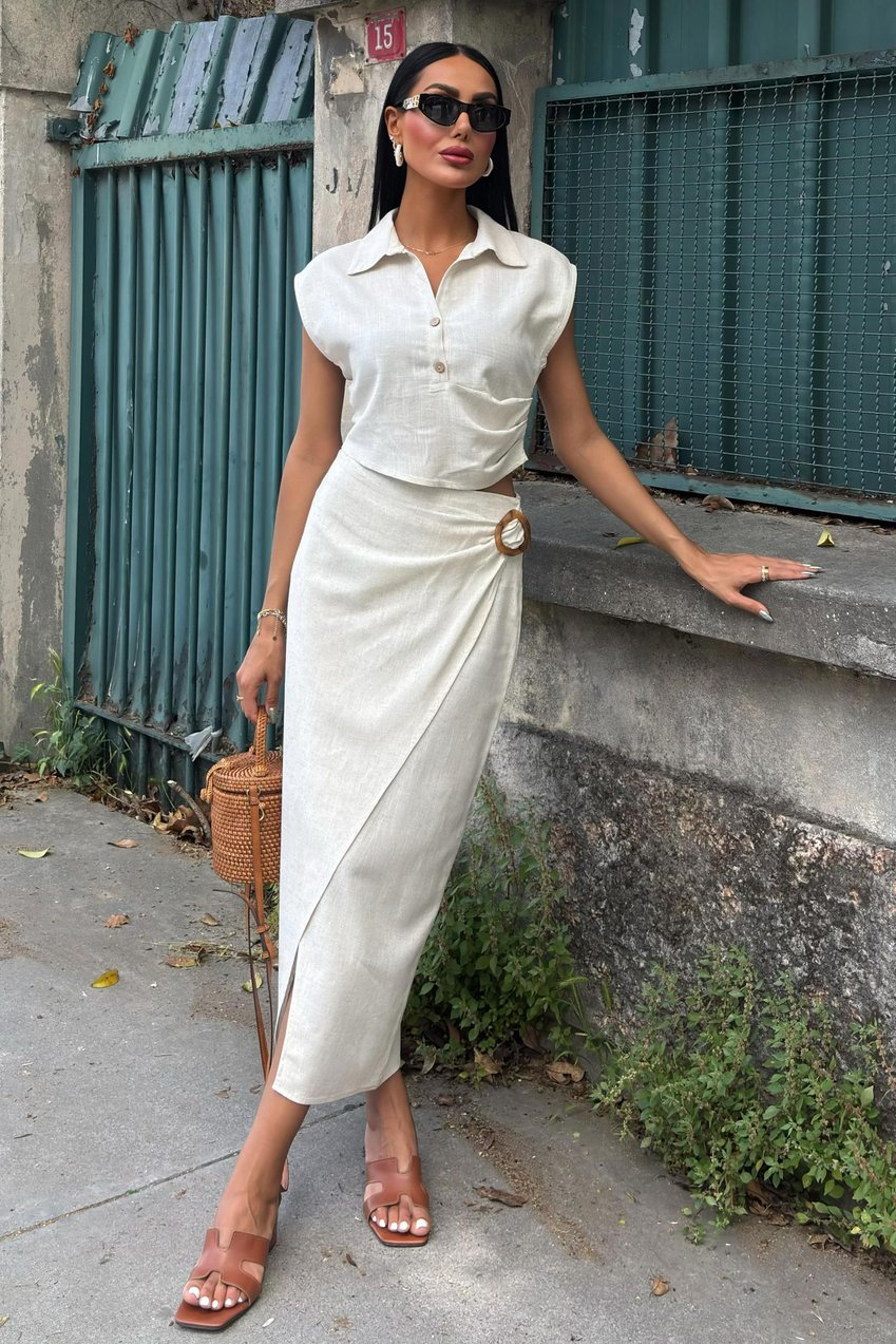Linen Suit with Gathered Blouse and Buckled Skirt white
