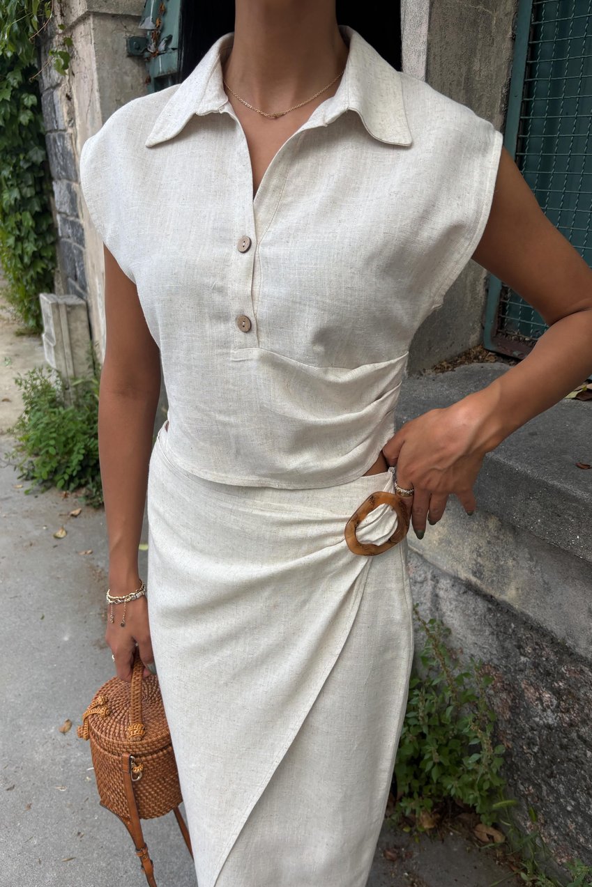 Linen Suit with Gathered Blouse and Buckled Skirt white