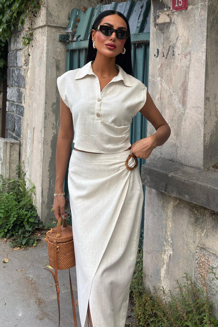 Linen Suit with Gathered Blouse and Buckled Skirt white