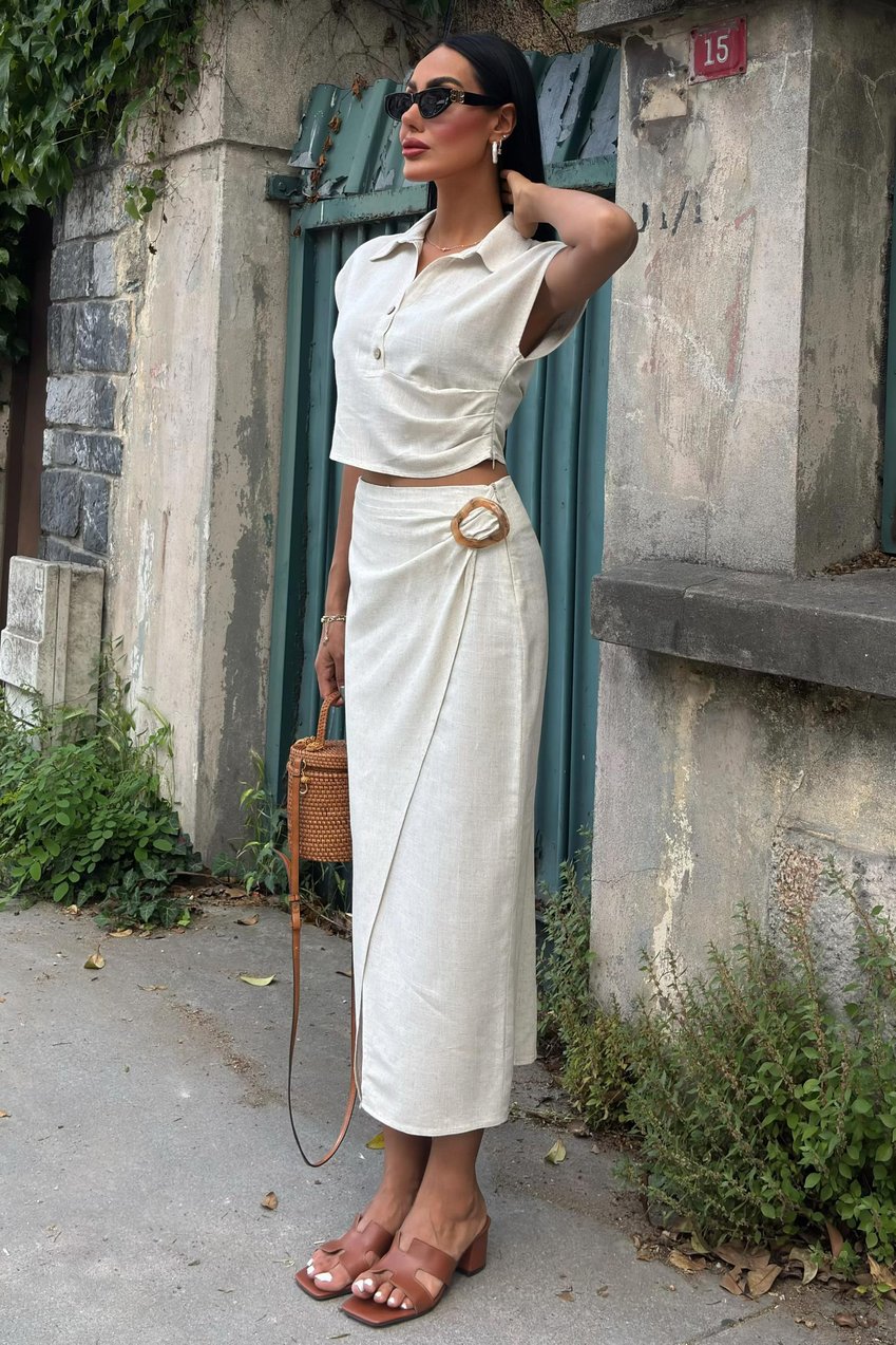 Linen Suit with Gathered Blouse and Buckled Skirt white