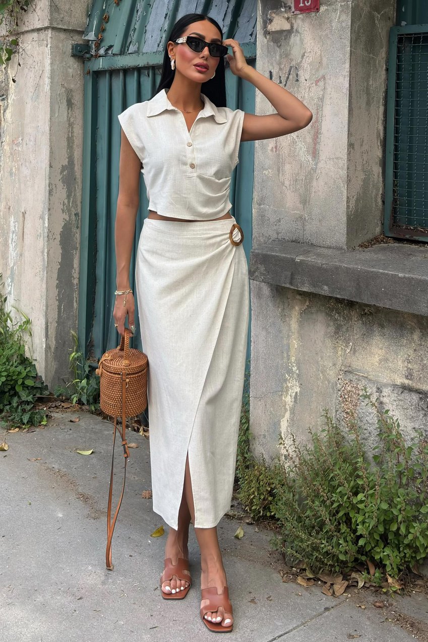 Linen Suit with Gathered Blouse and Buckled Skirt white