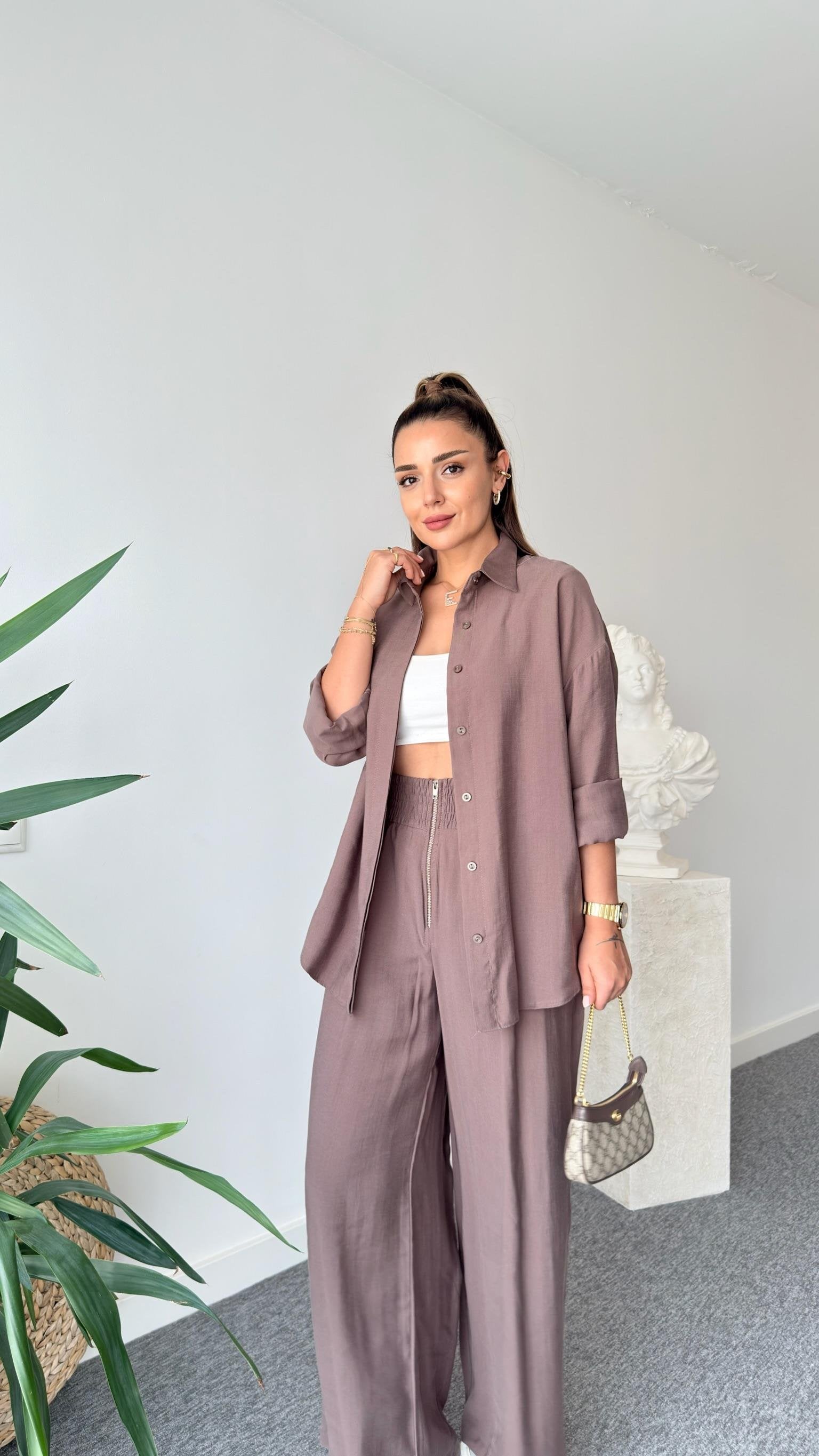 Brown Blue Zipper Detailed Tencel Suit
