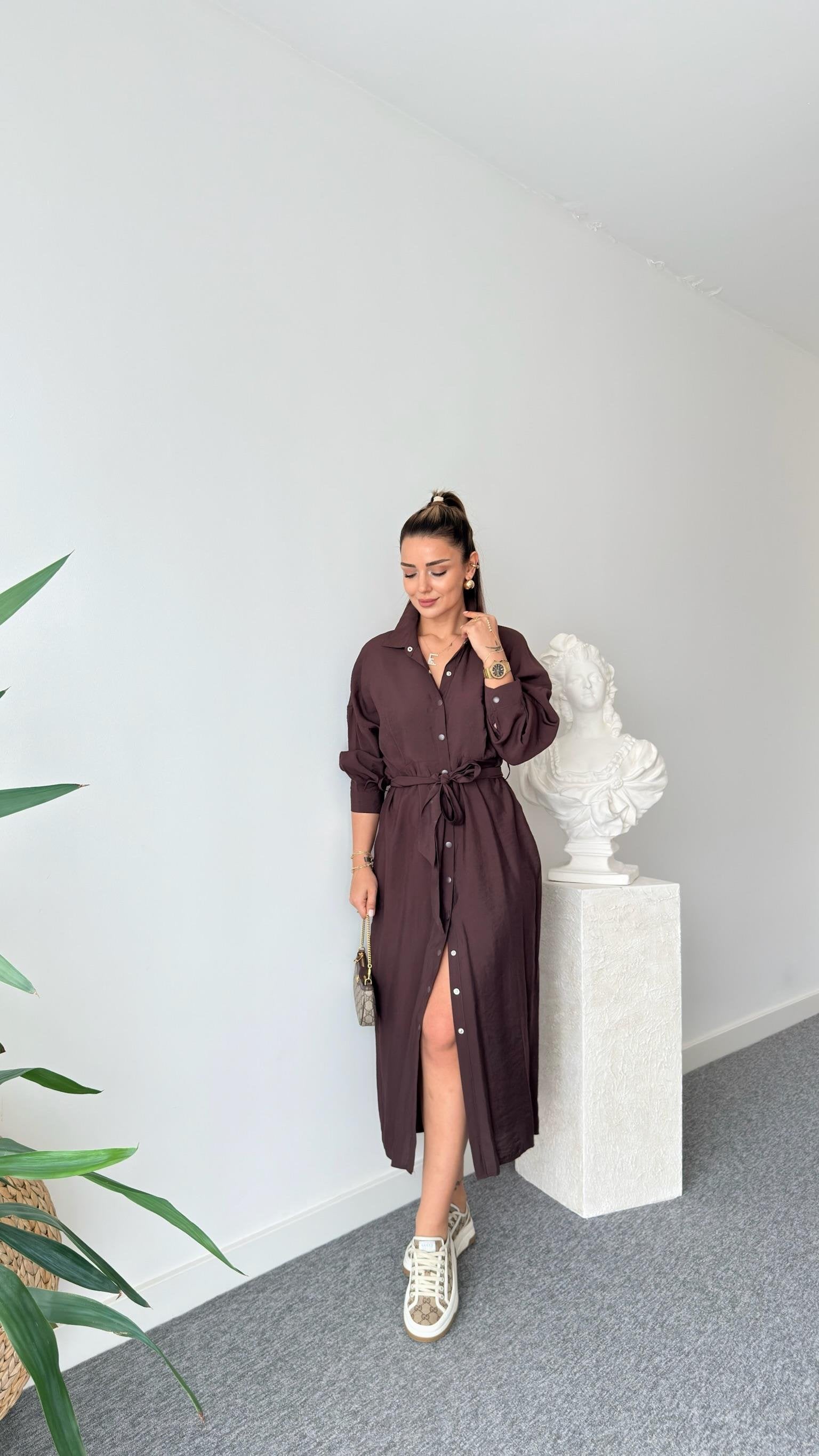 Brown Serna Orj Brand Snap Button Tencel Dress