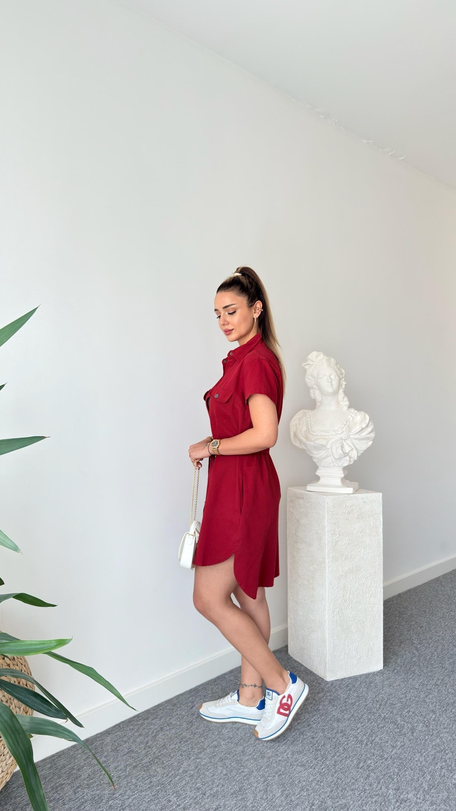 Burgundy Heren Belted Gabardine Dress