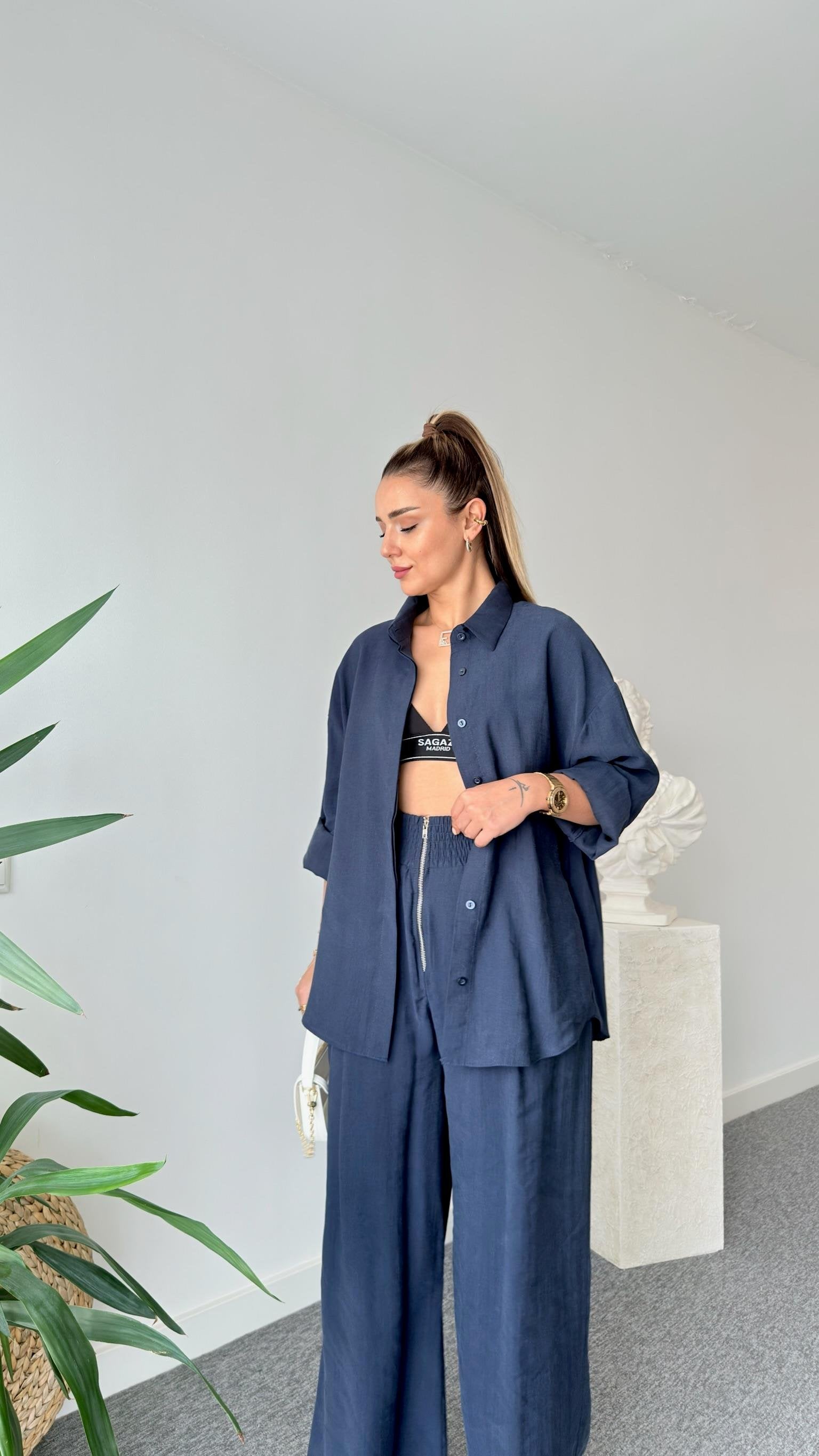Navy Blue Zipper Detailed Tencel Suit
