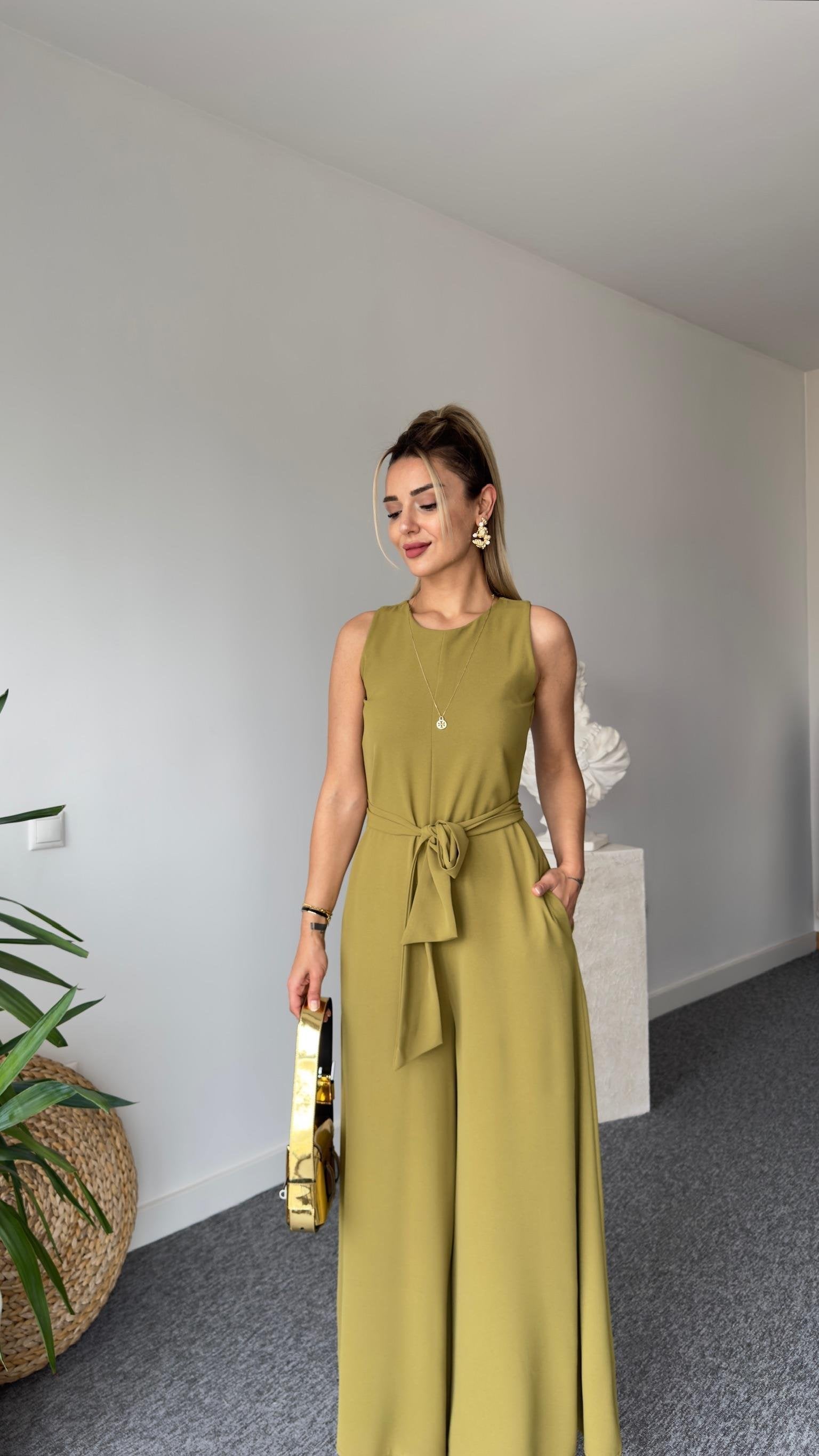 Carta Belted Olive Wide Leg Jumpsuit