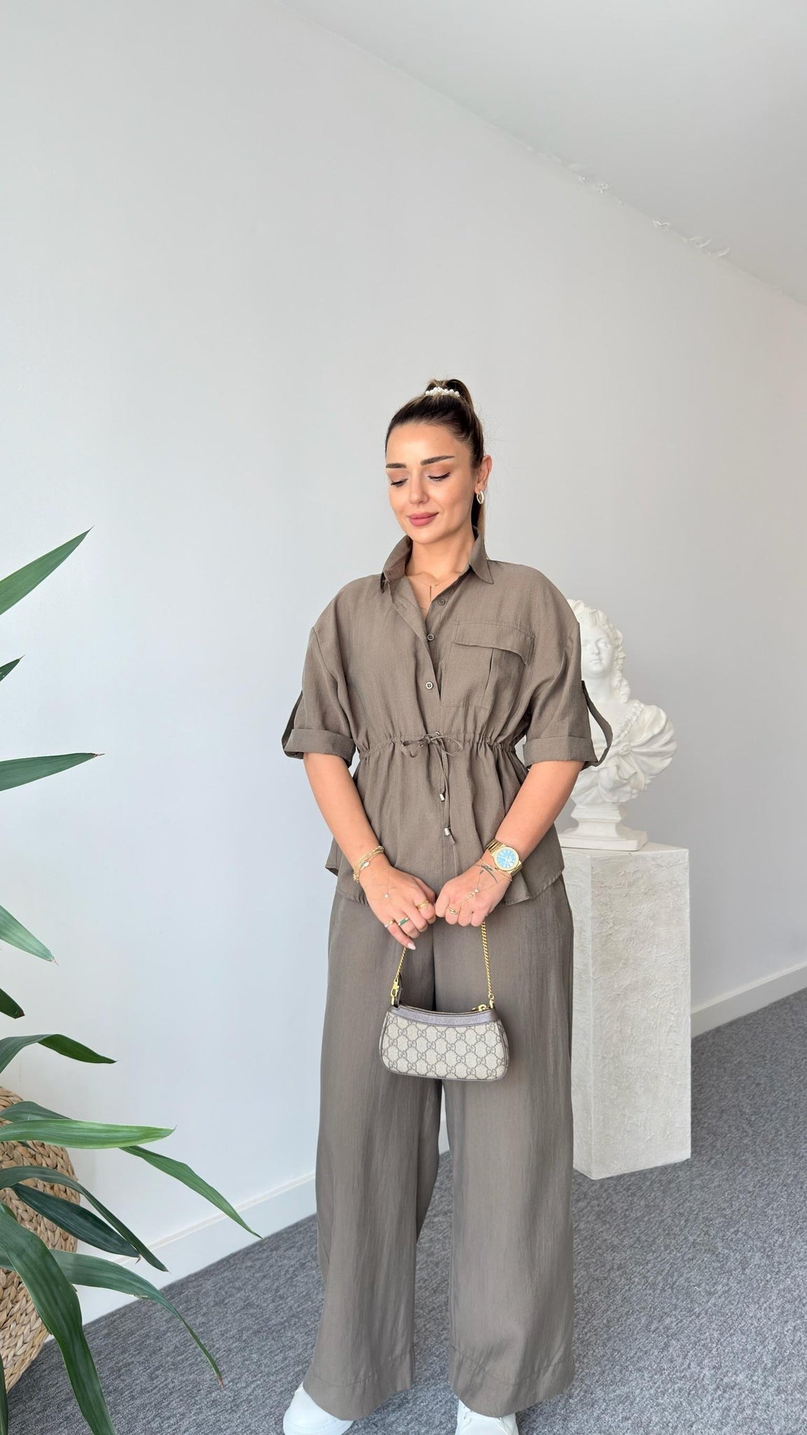 Khaki Neva Waist Pleated Tencel Suit