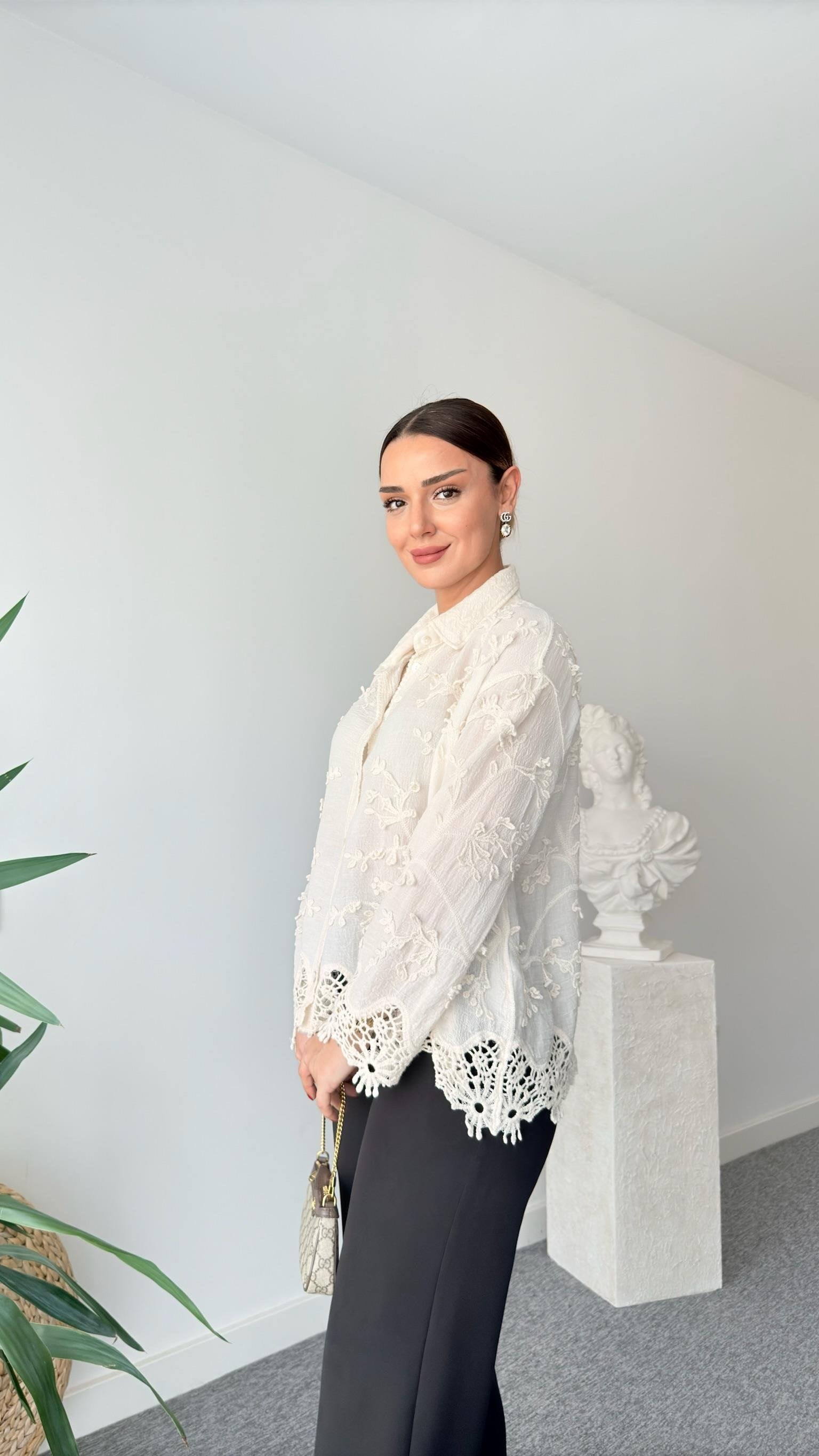 Beige Shirt with Henna Embroidery Detail