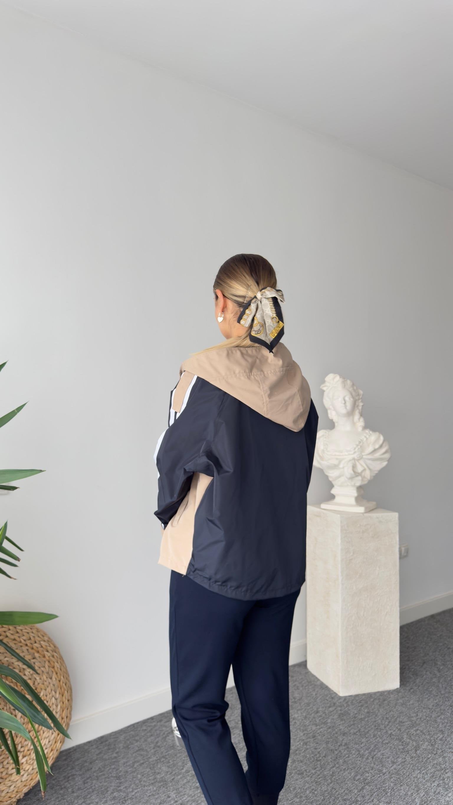 Geof Striped Sleeve Hooded Beige Jacket