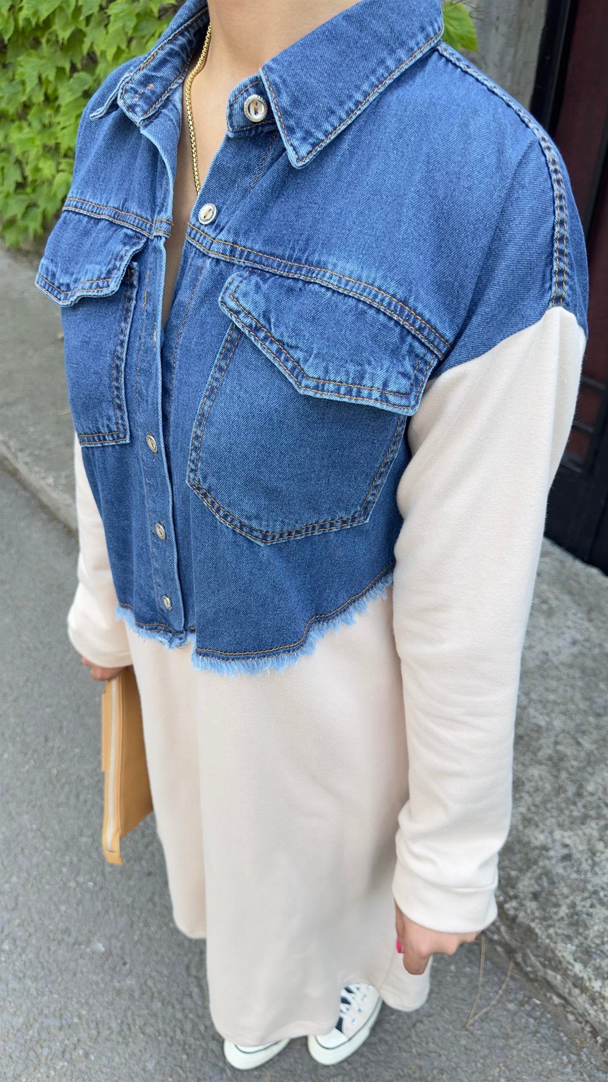 Denim Detail Beige Design Sweat Dress