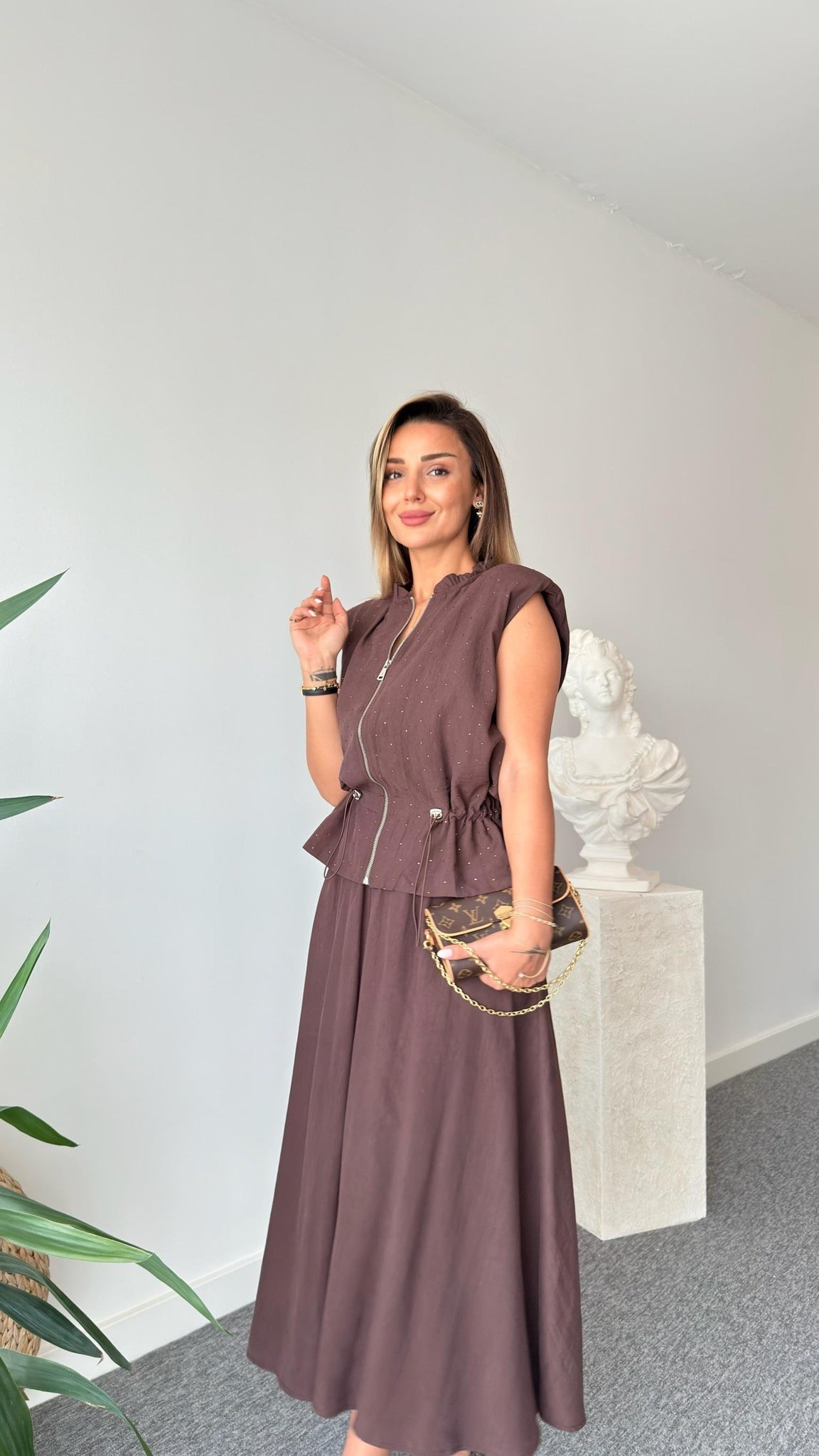 Brown Quen Stone Detailed Tencel Skirt Suit