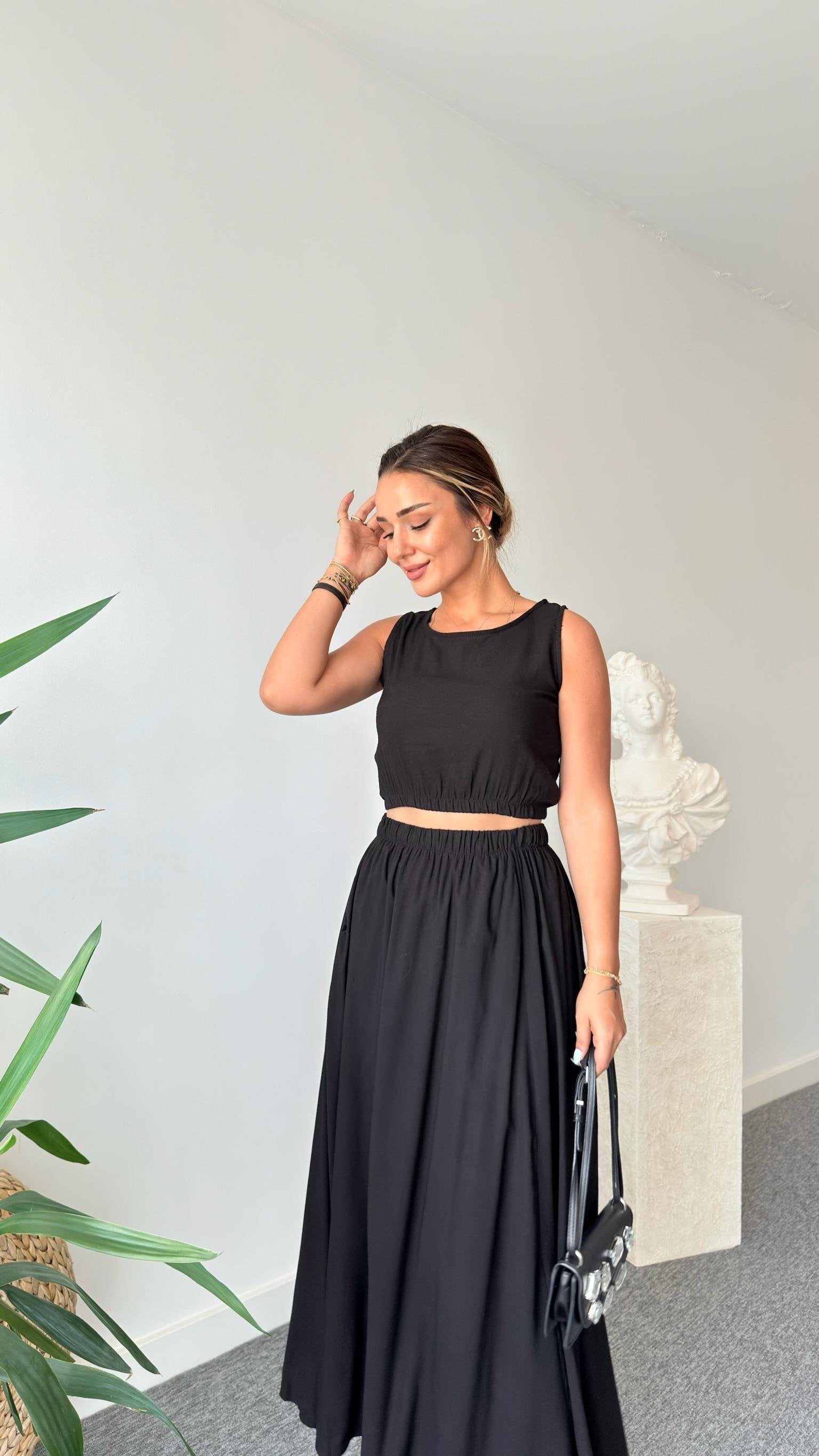 Black Linen Skirt Crop Suit