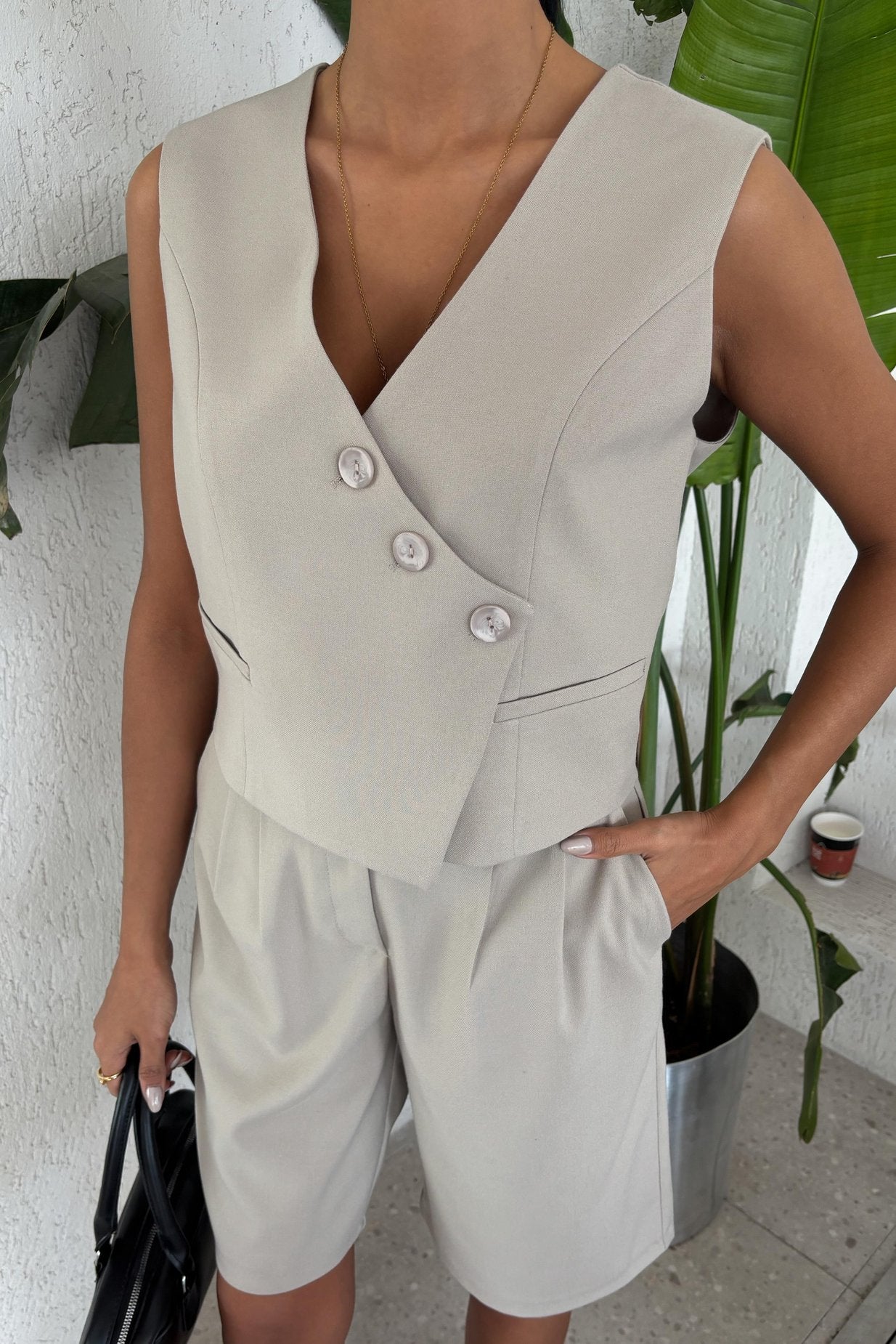 Vest Suit with Cross Buttons and Bermuda Shorts