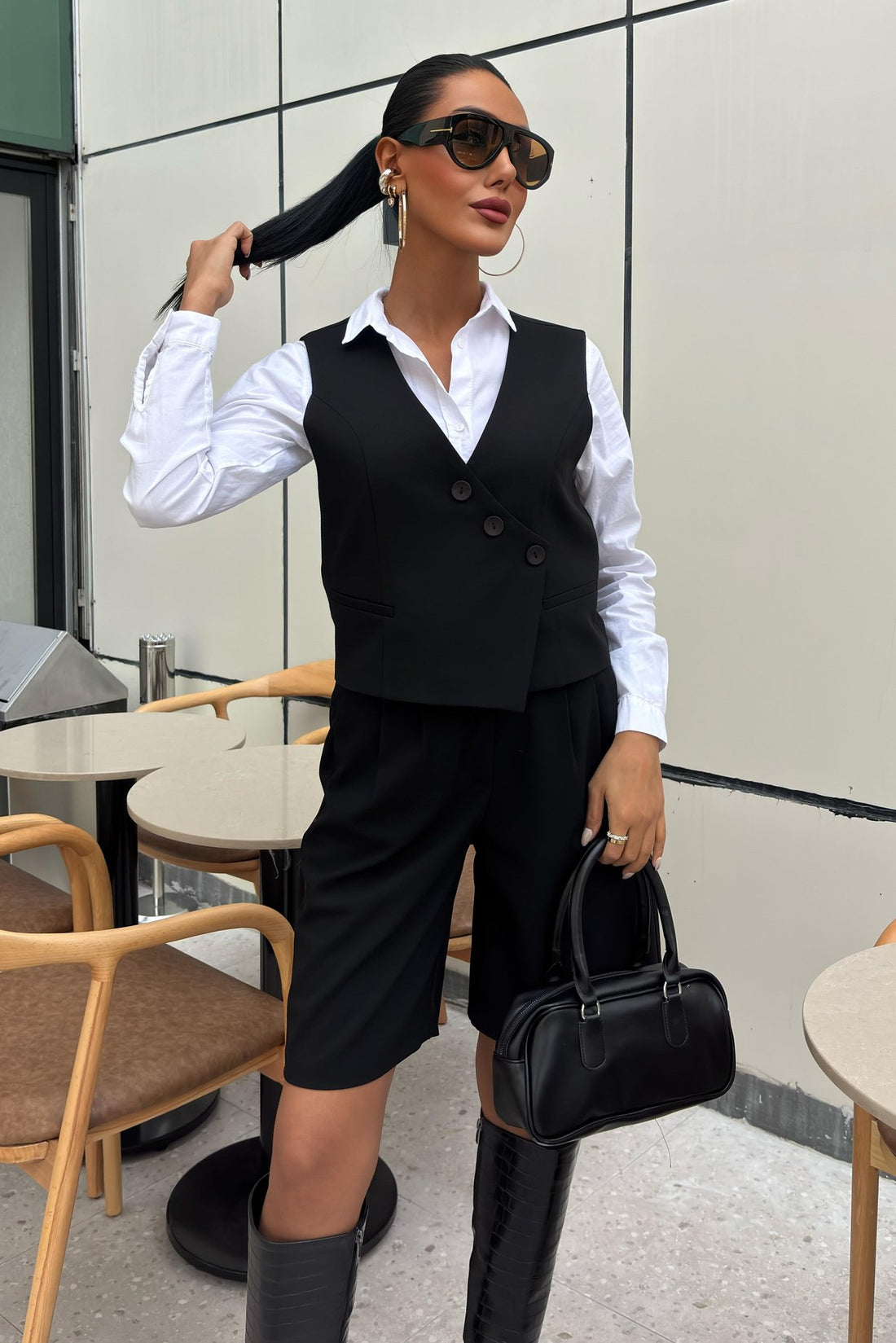 Vest Suit with Cross Buttons and Bermuda Shorts Black