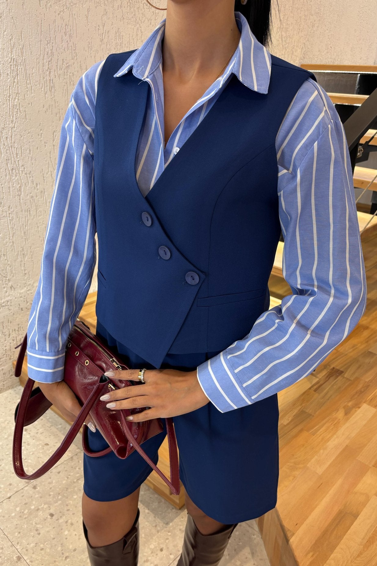 Vest Suit with Cross Buttons and Bermuda Shorts Blue