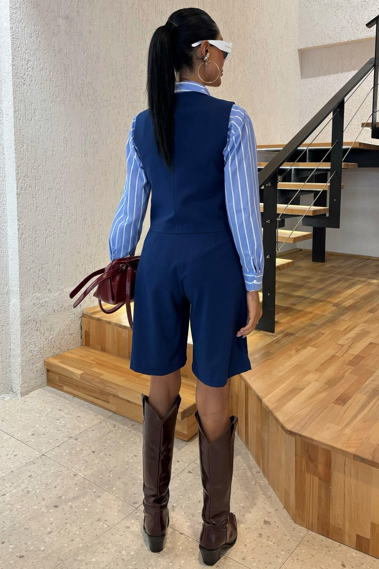 Vest Suit with Cross Buttons and Bermuda Shorts Blue