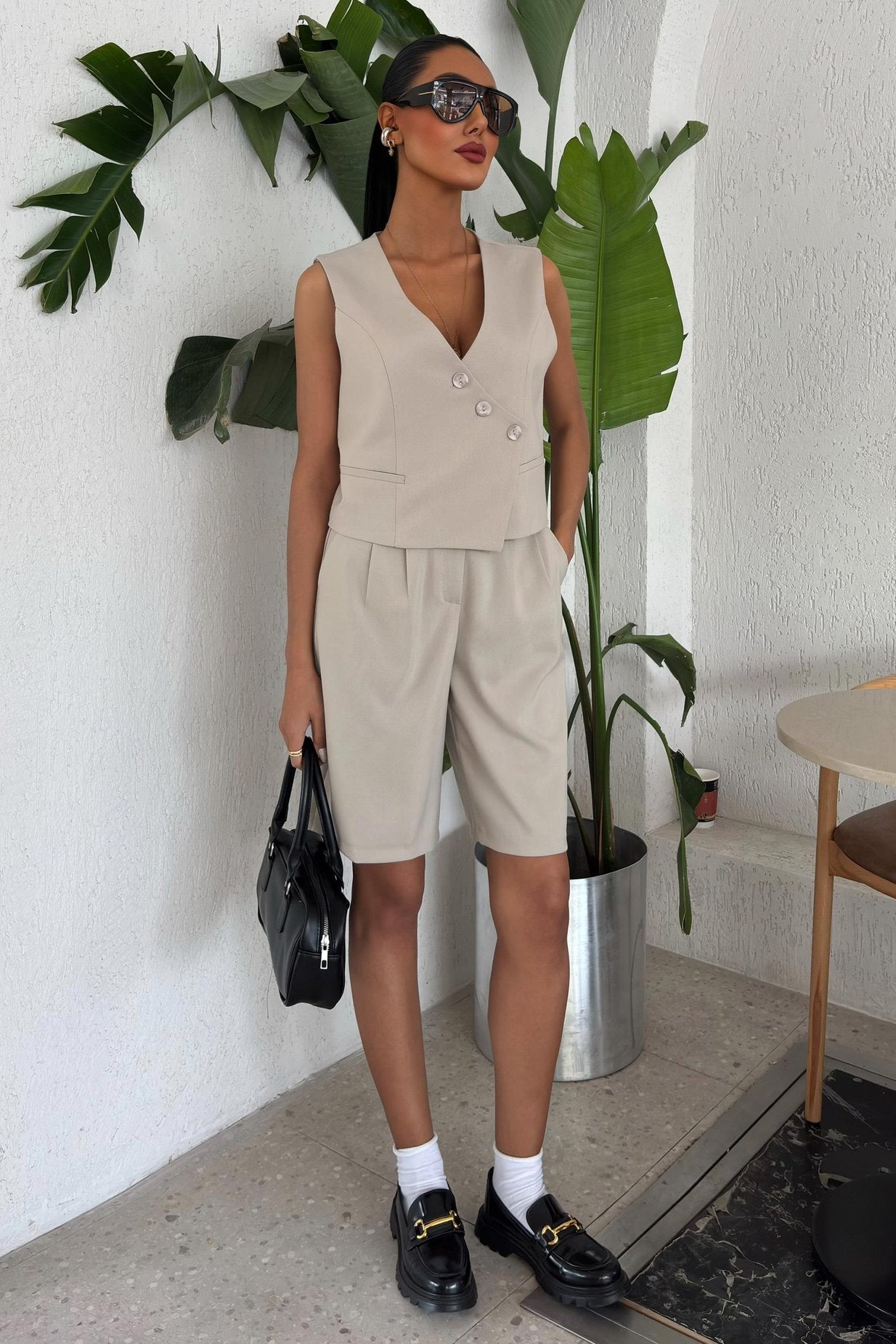 Vest Suit with Cross Buttons and Bermuda Shorts