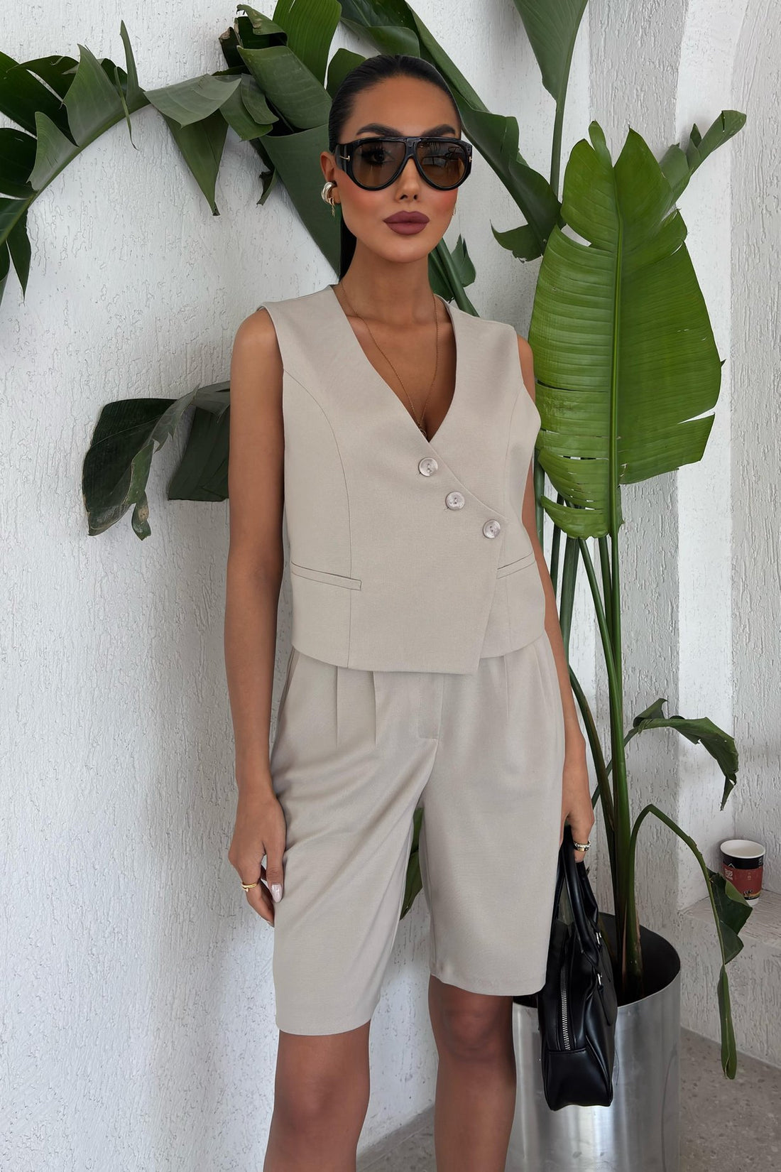 Vest Suit with Cross Buttons and Bermuda Shorts