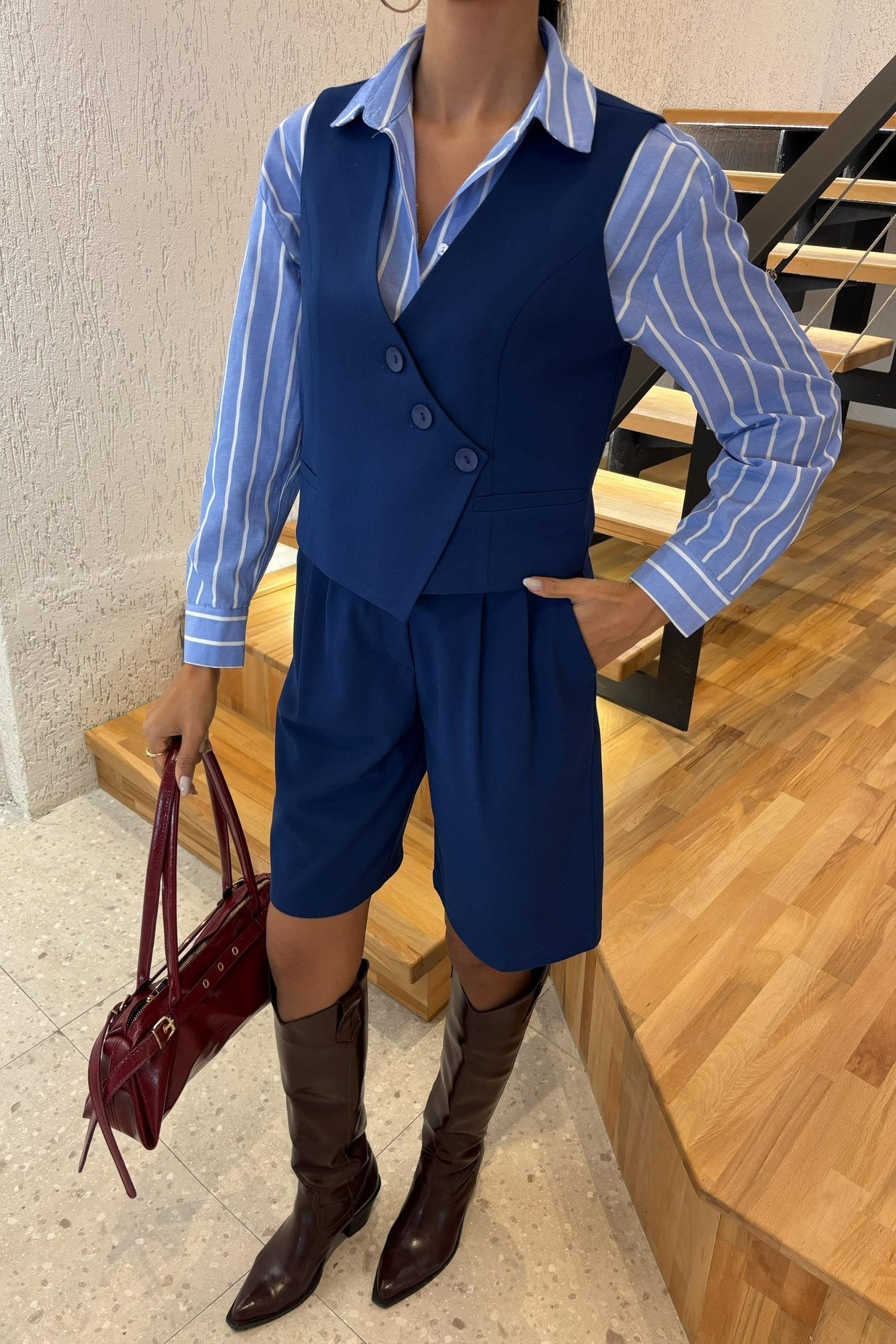 Vest Suit with Cross Buttons and Bermuda Shorts Blue